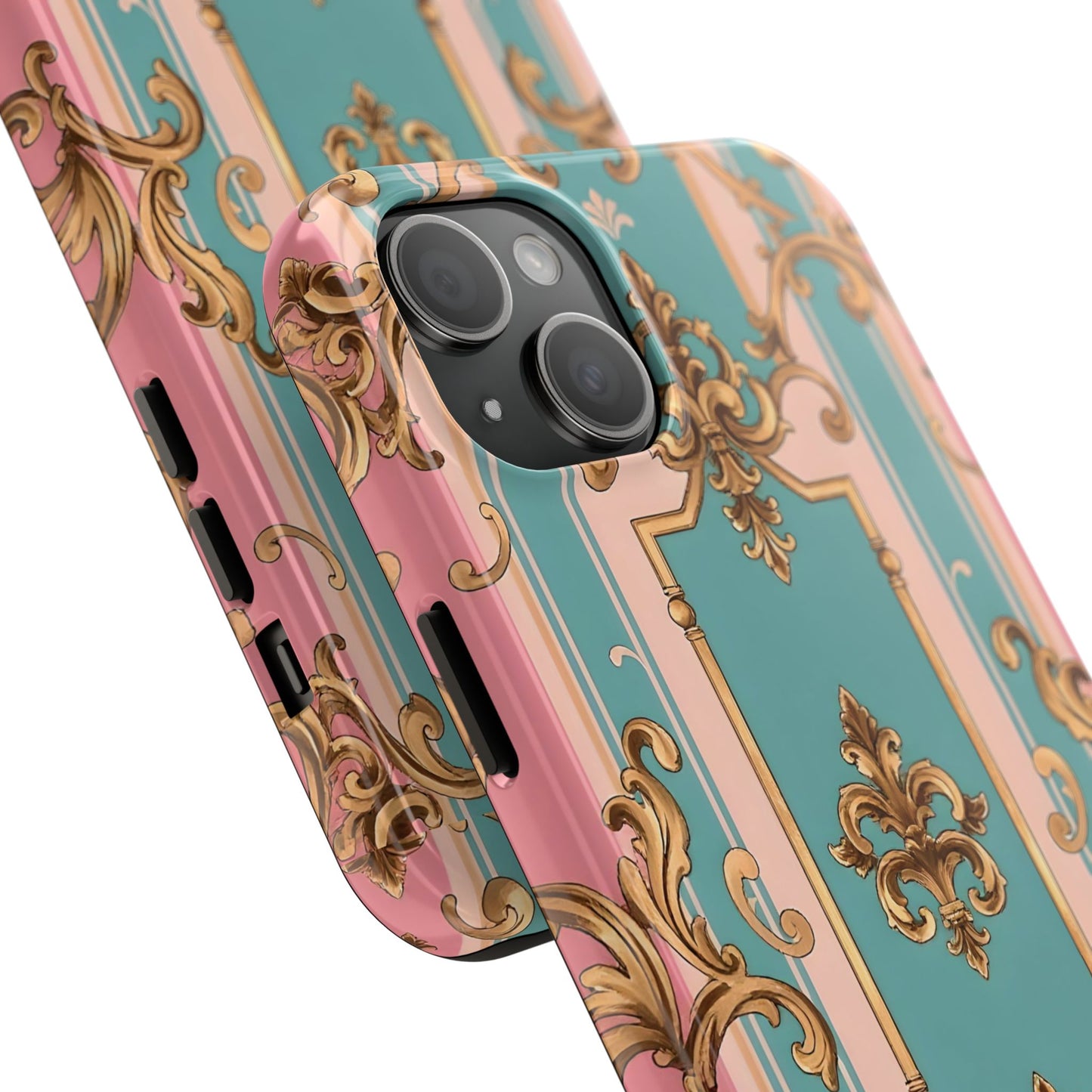Elegant Floral Tough Phone Case, Artistic Phone Cover, Gift for Her, Chic Phone Accessory - Pink & Matte Turquoise Striped Rococo