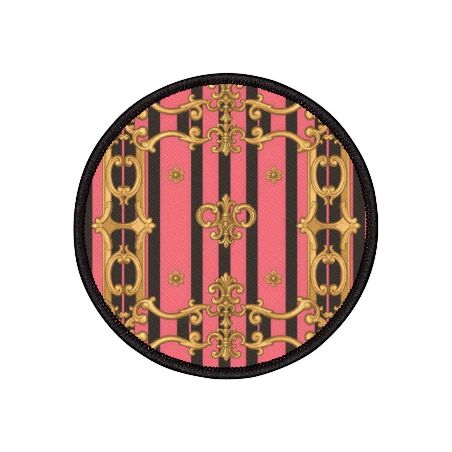 Chic Iron-On Patches for Custom Fashion, Vintage Style Patches for Jackets, Crafting Supplies - Pink & Black Striped Gold Baroque