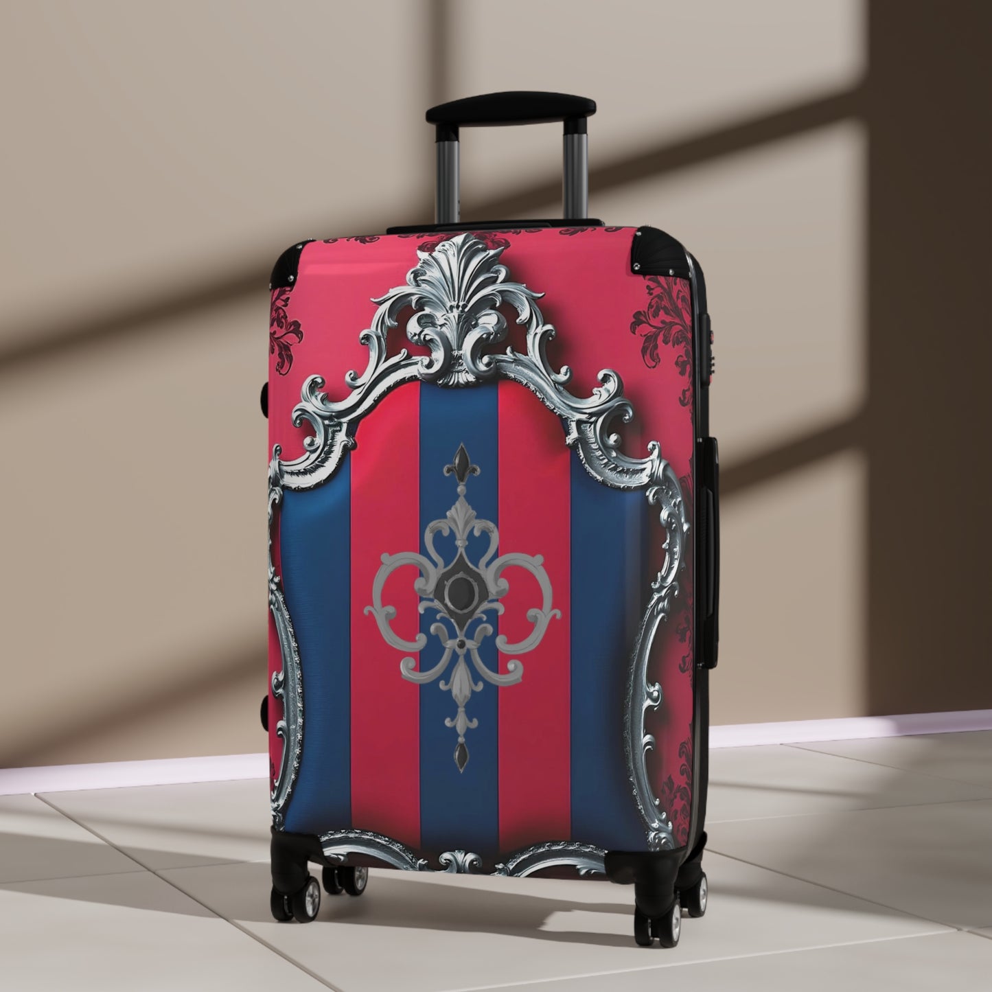 Elegant Travel Suitcase, Lightweight Luggage, Stylish Carry-On, Perfect for Vacation, Unique Gift for Travelers - Blue & Red Striped Silver Crest