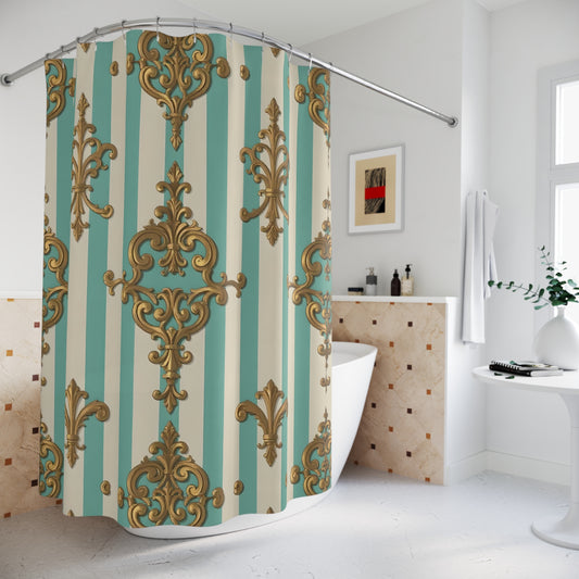 Elegant Vintage Shower Curtain - Ornate Gold & Teal Design, Bathroom Decor, Luxury Home Accessory - Matte Green Striped Rococo
