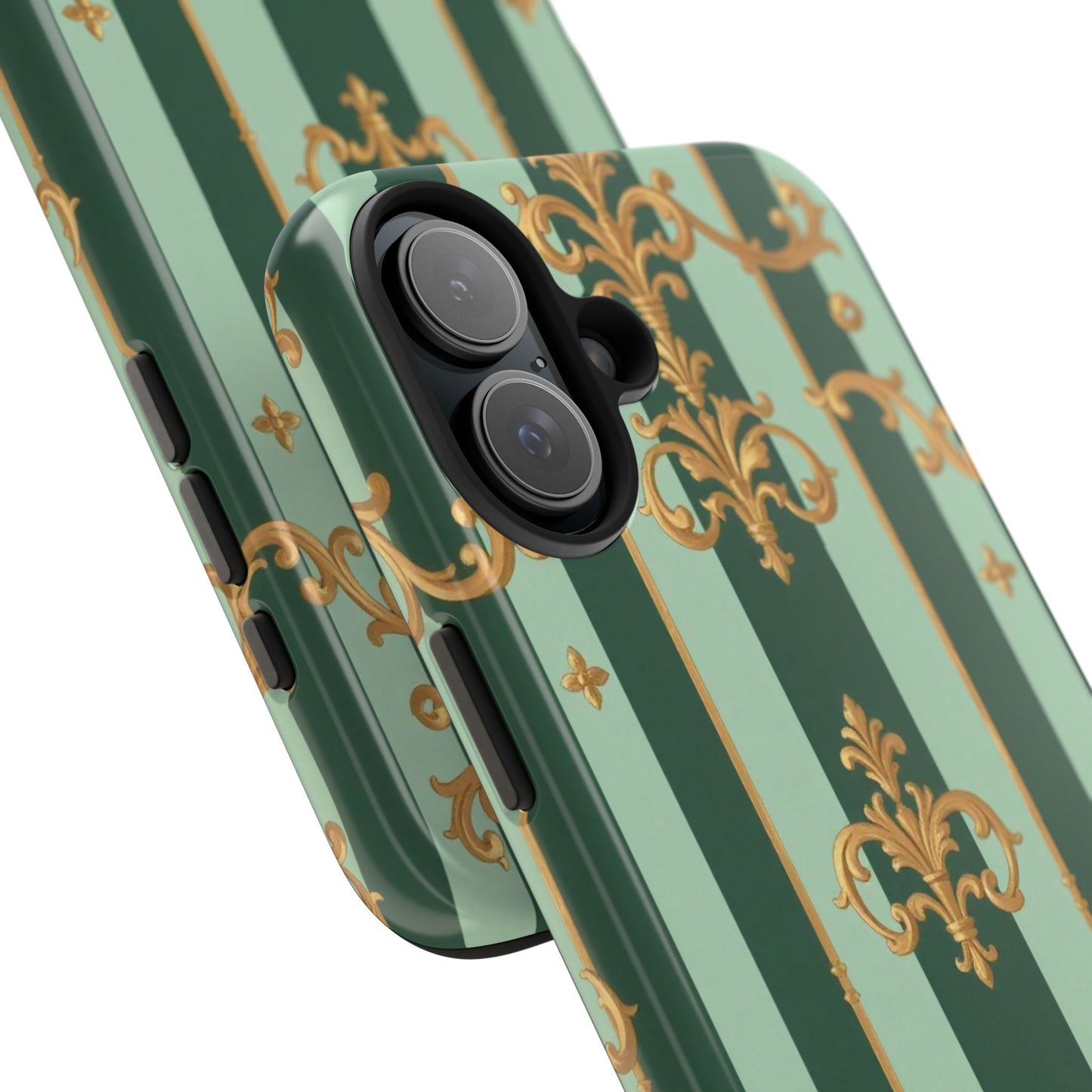 Elegant Floral Tough Phone Cases | Stylish Phone Protection, Gift for Her, Trendy Accessory, Unique Decor - Mint Green & Teal Striped Gold Baroque