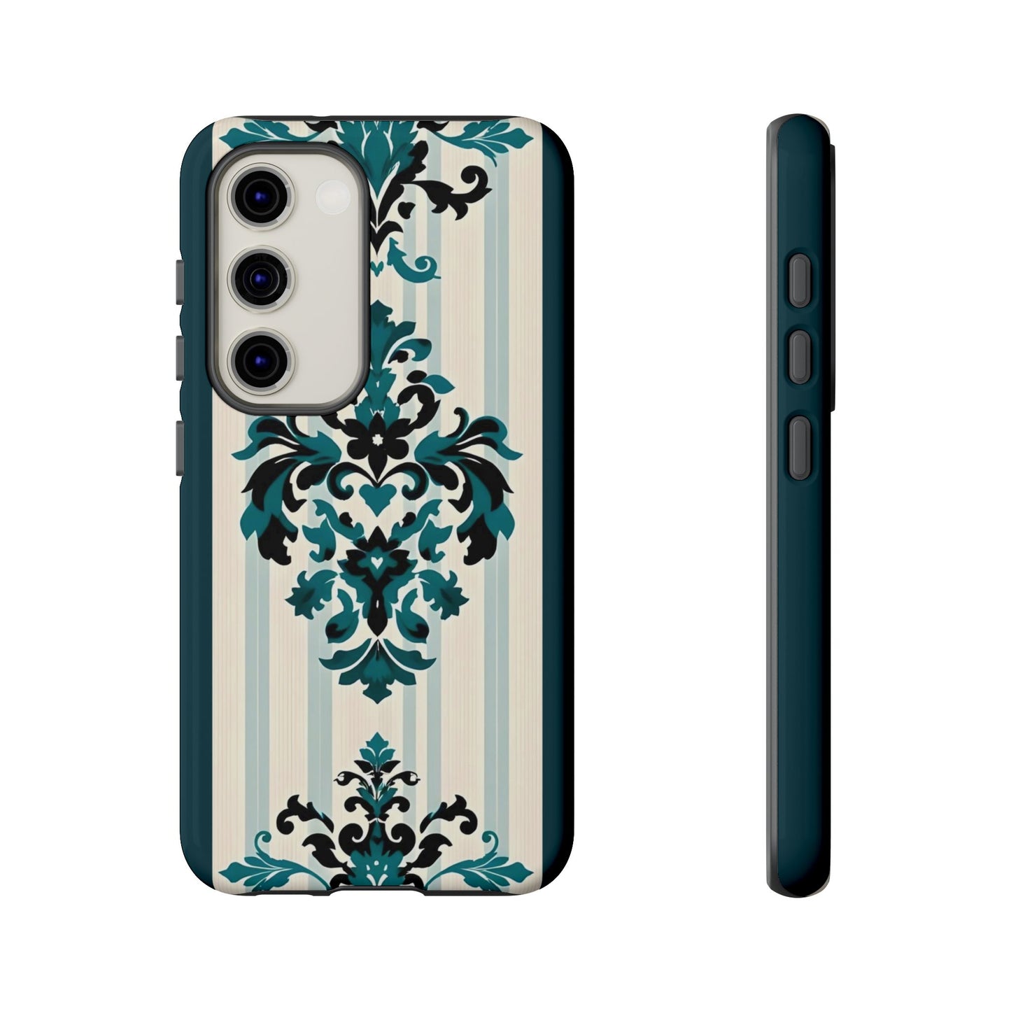 Elegant Floral Phone Case - Tough Cases with Vintage Design - Teal Striped Damask