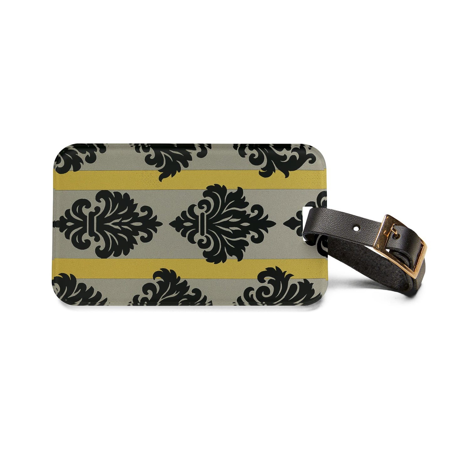 Elegant Vintage Luggage Tag | Travel Accessory, Personalized Baggage Identifier, Gift for Travelers - Silver & Gold Striped Black Baroque