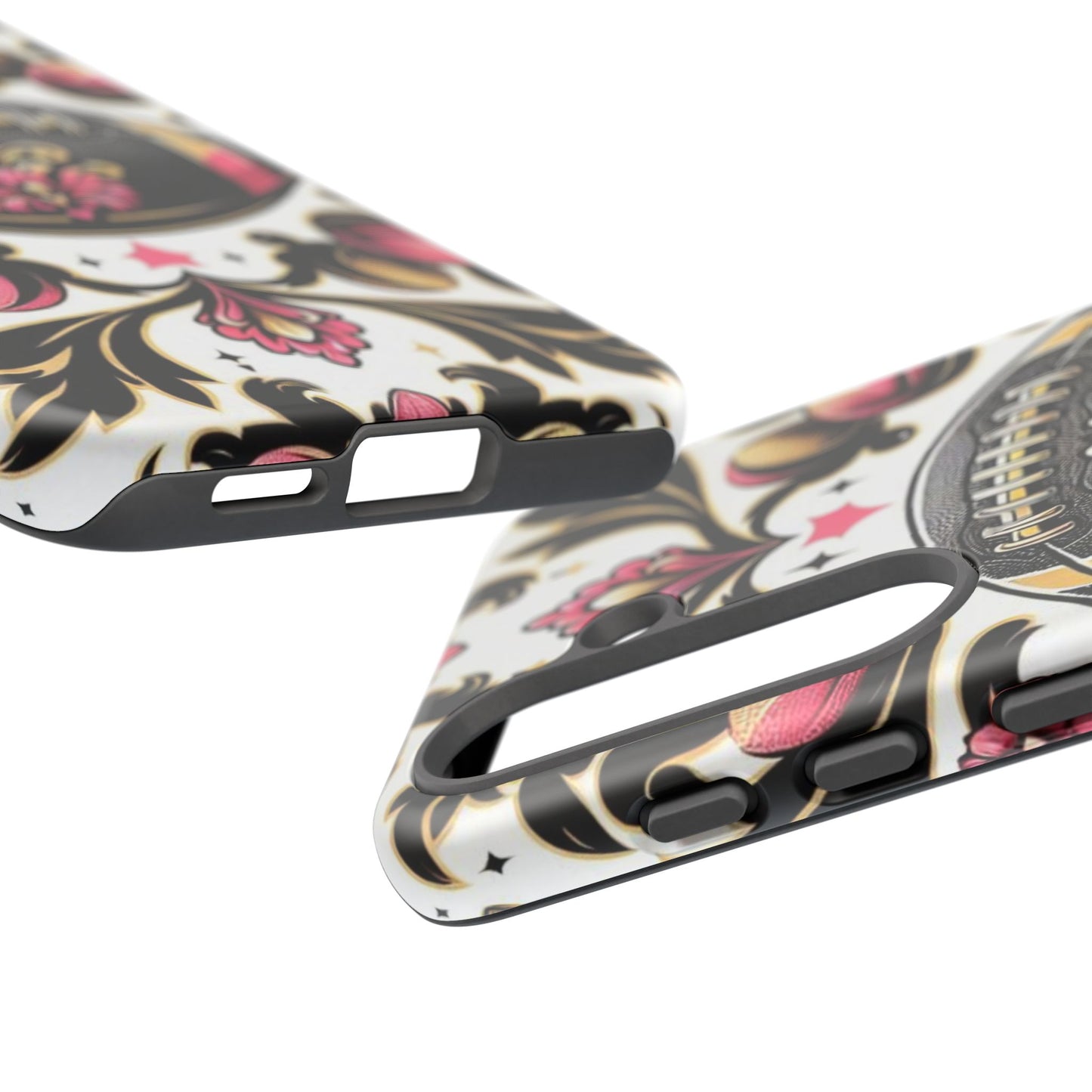 Elegant Floral Motif Phone Case - Tough Cases with Vintage Design - Damask White, Pink Gold & Black Football