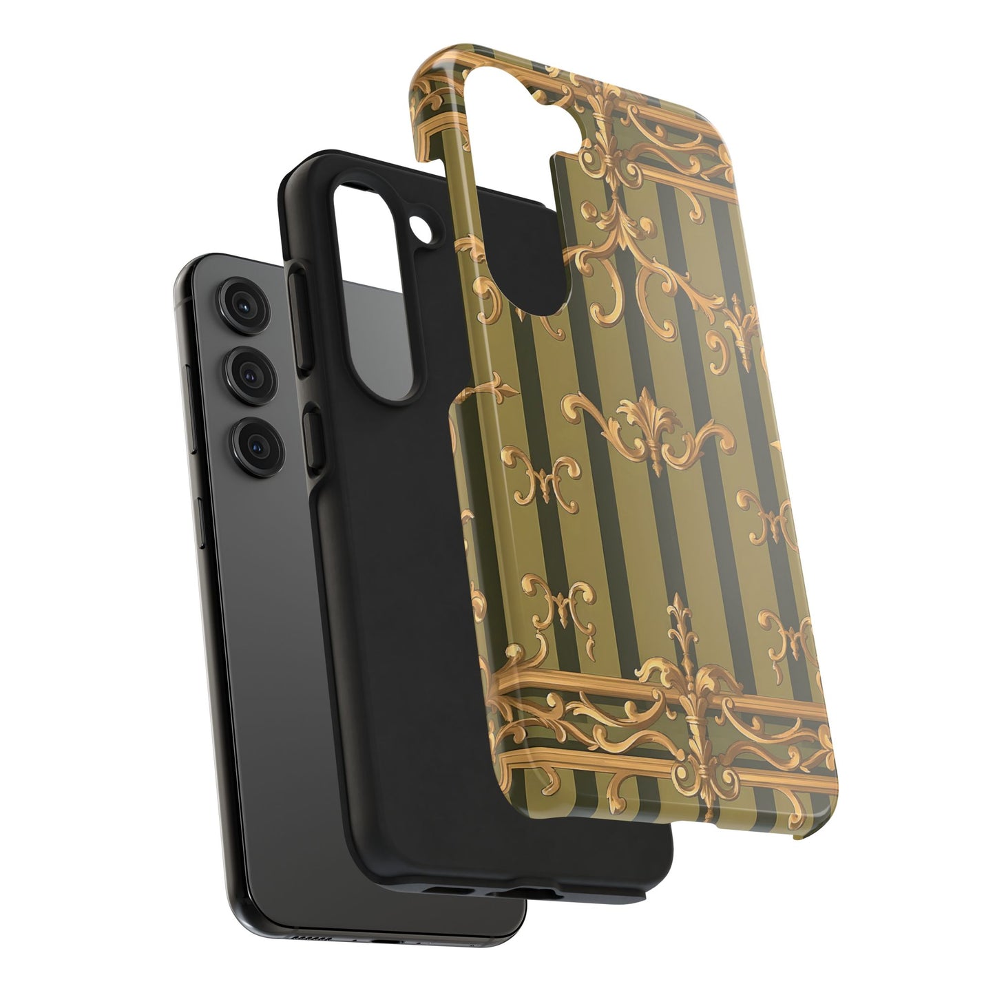 Elegant Vintage Phone Case - Tough Protection with Classy Design, Stylish Phone Cover for Fashion Lovers - Olive Green Striped Rococo