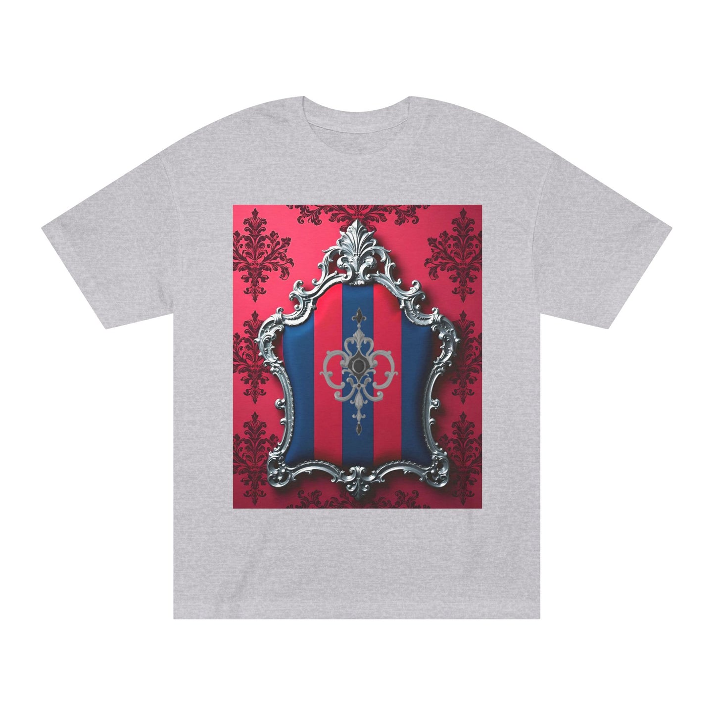 Vintage Couture Shield Unisex Classic Tee, Fashion T-Shirt, Gift for Fashion Lovers, Casual Wear, Unique Graphic Shirt - Blue & Red Striped Silver Crest