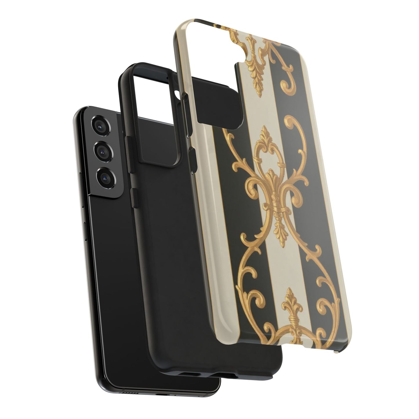 Elegant Black & Alabaster Striped Baroque Tough Phone Cases - Chic Protection, Black Gold Decor, Stylish Accessory, Gift for Her, Trendy Tech
