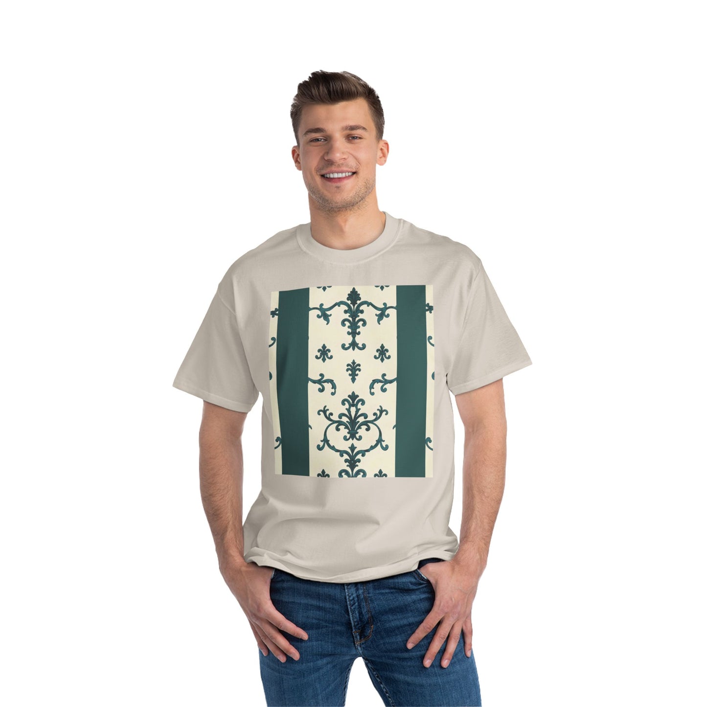 Vintage-Inspired Short-Sleeve T-Shirt, Casual Wear, Graphic Tee, Summer Outfit, Gift for Friends, Retro Design - Teal Striped Rococo