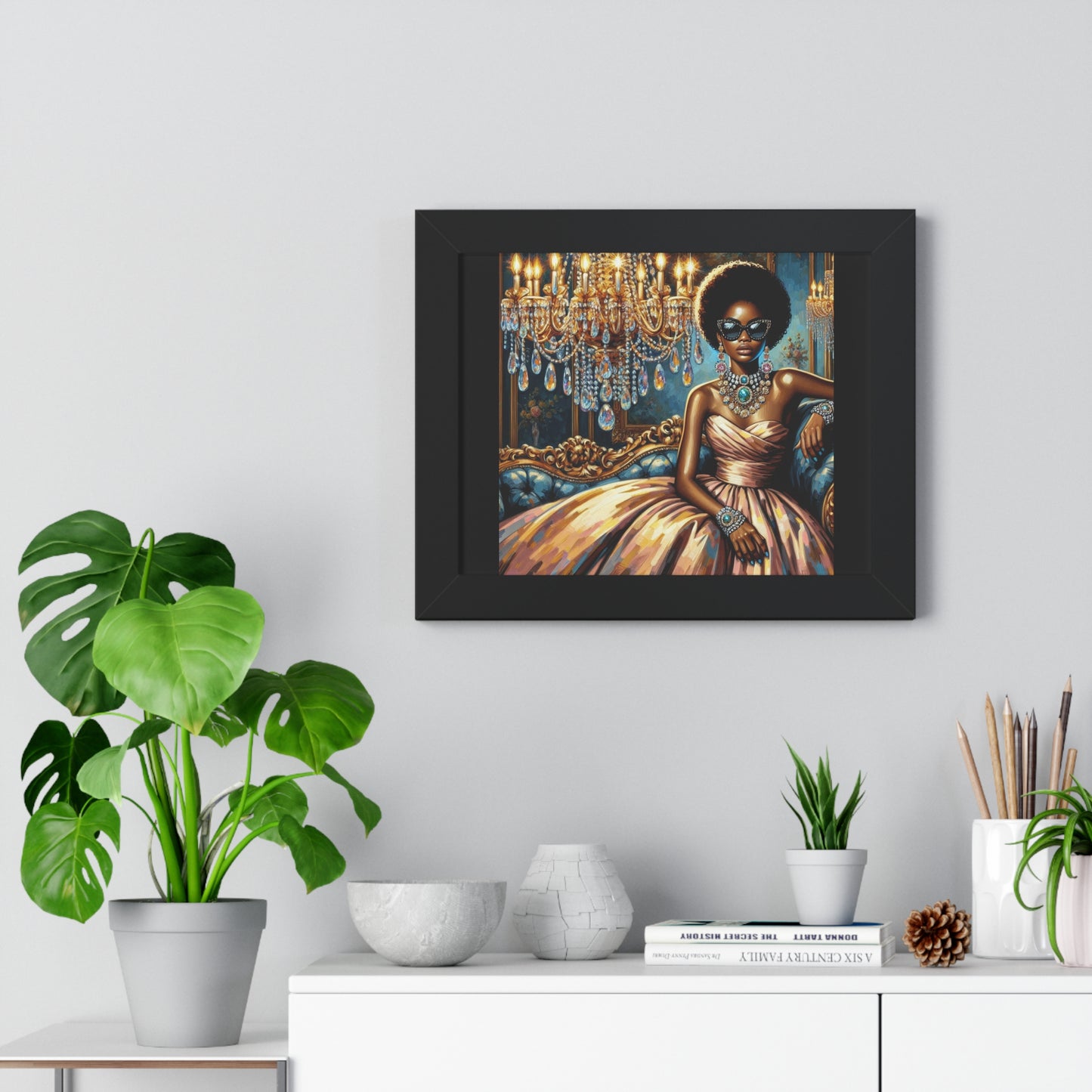 Elegant Framed Art Print | Chic Home Décor, Wall Art for Living Room, Unique Gift, Glamorous Aesthetic, Fashionable - Elegant Lady & Chandelier