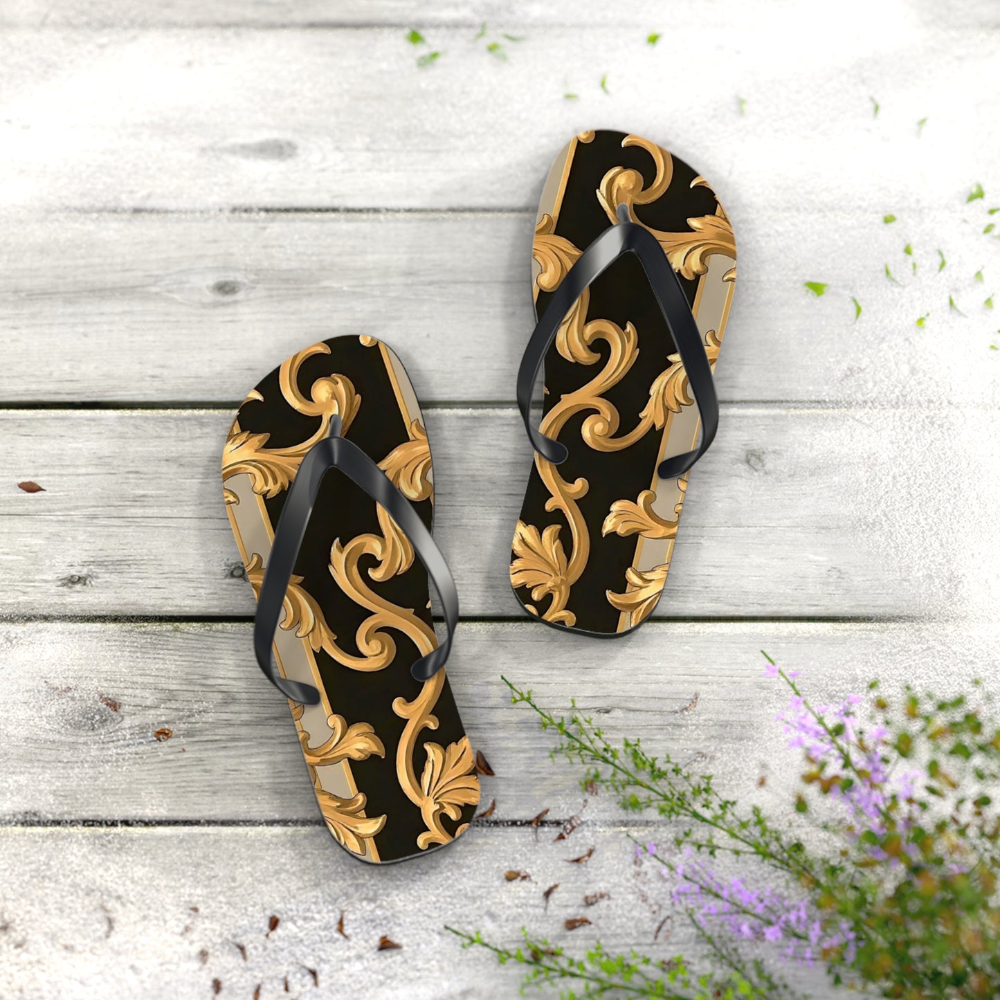 Stylish Flip Flops with Elegant Gold Design, Beachwear, Summer Sandals, Vacation Footwear, Poolside Essentials - Blue & Black Striped Rococo