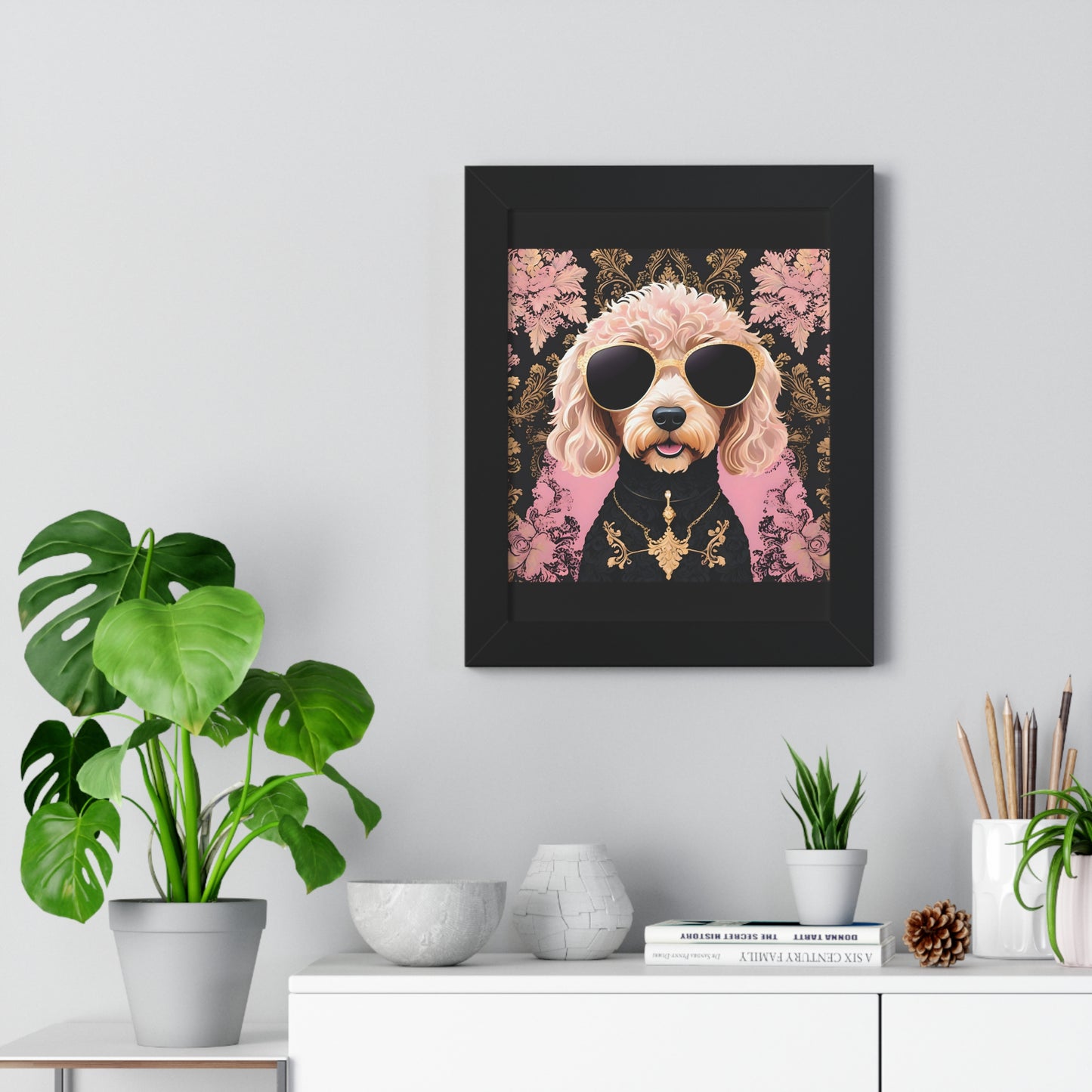 Vertical Poster - Golden Doodle in Damask and Shades - Wall Art - Kid Friendly