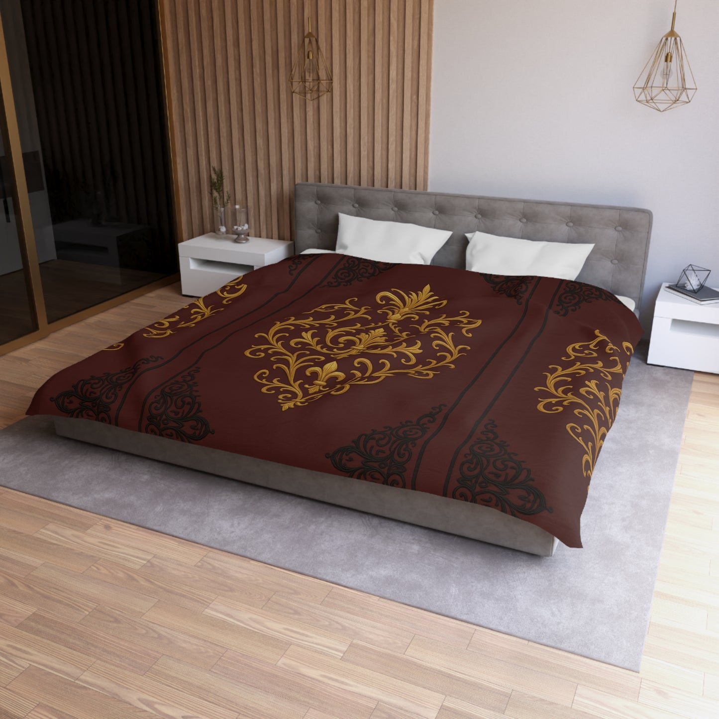 Dusk Burgundy-Black & Gold Baroque Duvet Cover - Regal Gold Baroque on Burgundy Microfiber