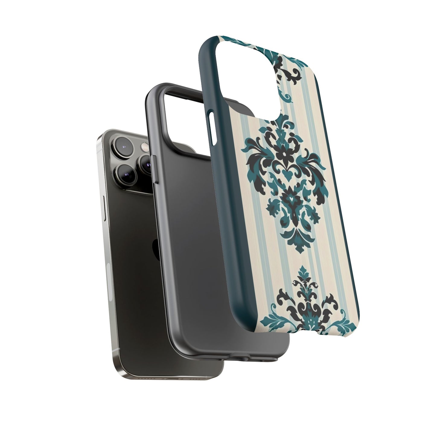 Elegant Floral Phone Case - Tough Cases with Vintage Design - Teal Striped Damask