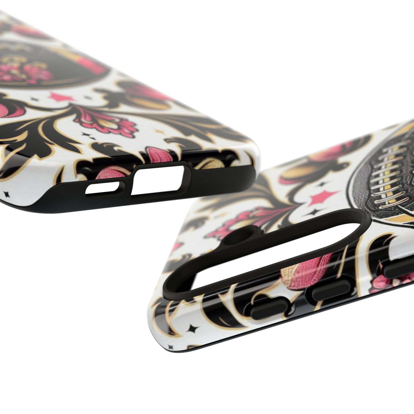 Elegant Floral Motif Phone Case - Tough Cases with Vintage Design - Damask White, Pink Gold & Black Football