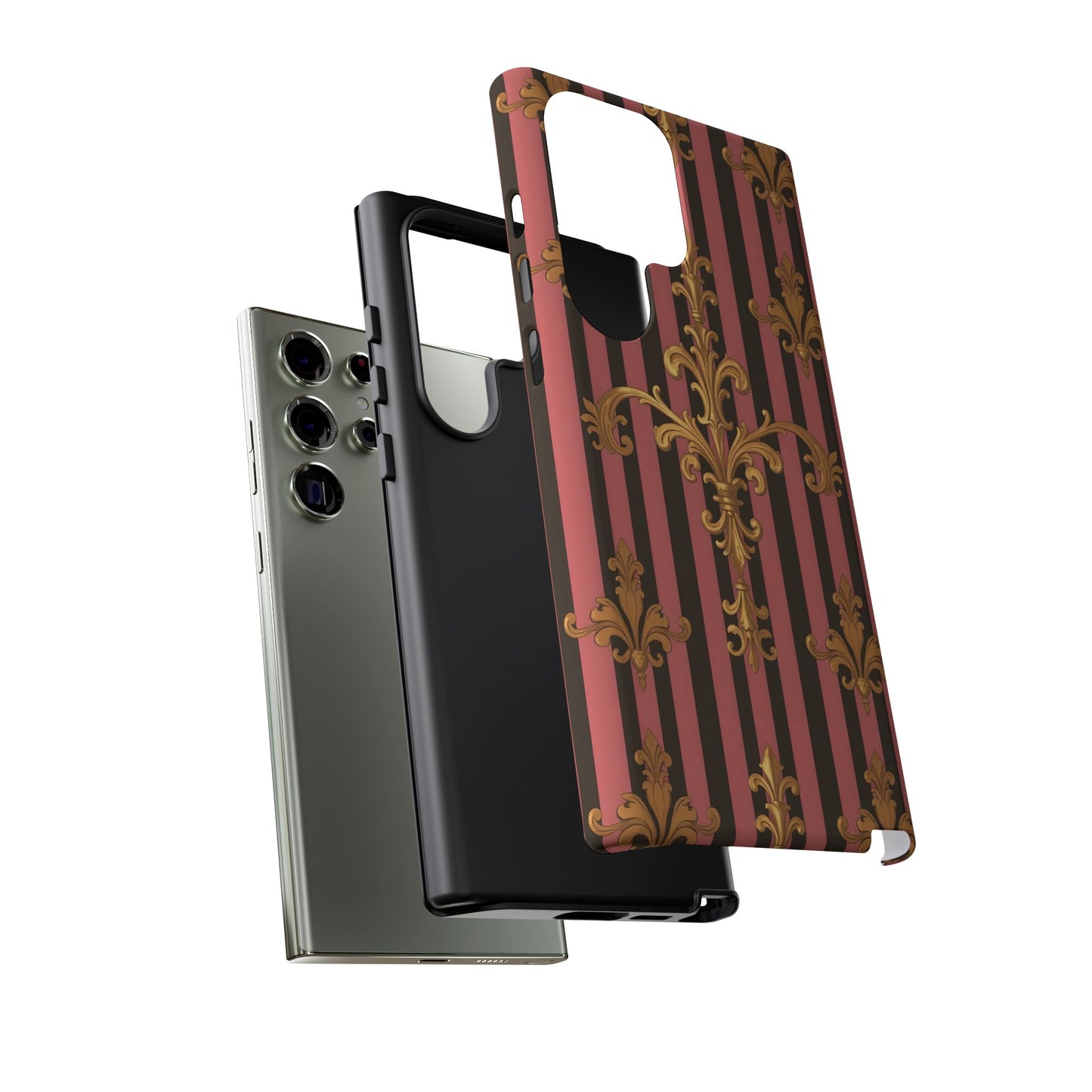 Elegant Floral Motif Phone Case - Tough Cases with Vintage Design - Mauve Striped Gold Damask