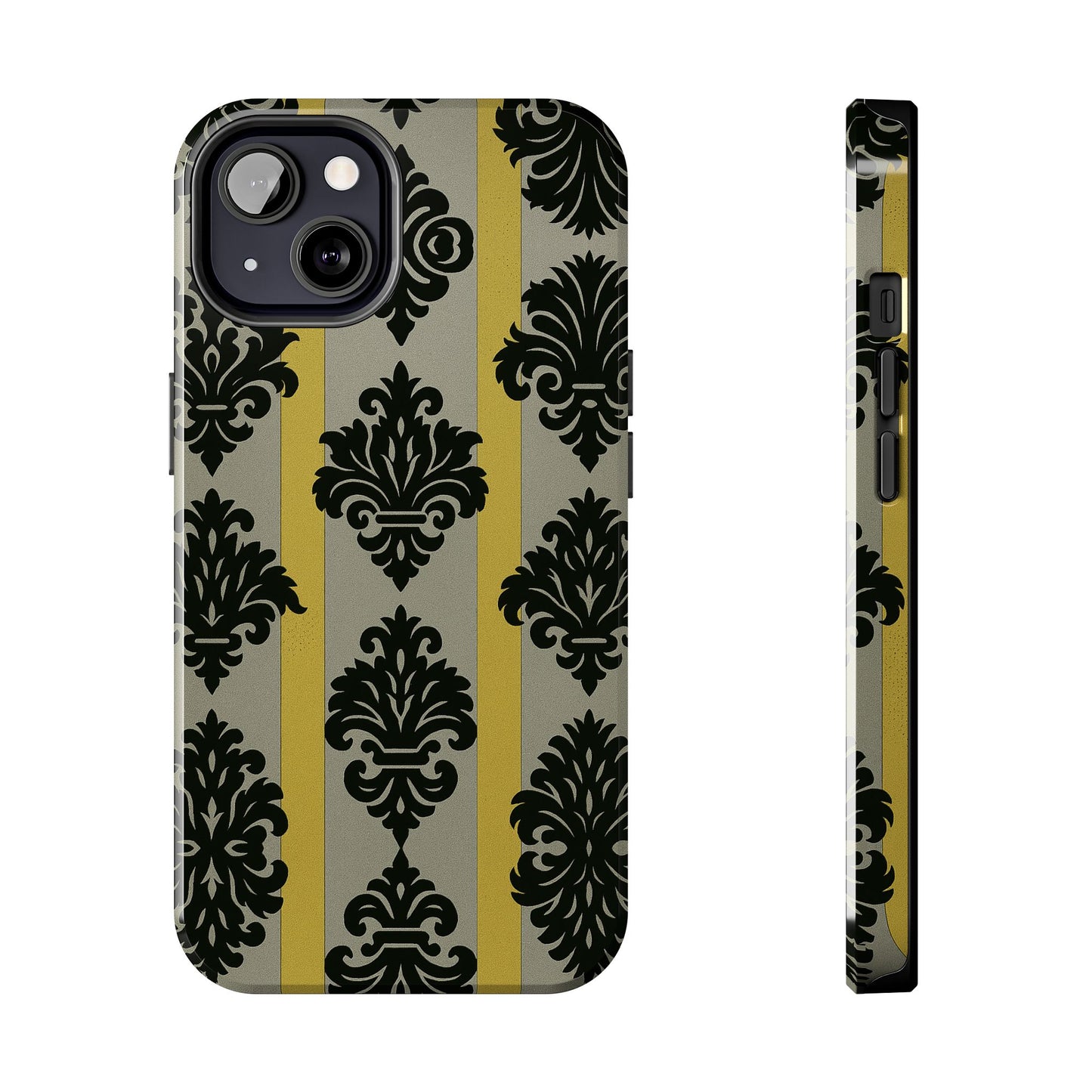 Elegant Baroque Tough Phone Cases | Chic Phone Protection | Gift for Her | Stylish Accessory | Holiday Gift Idea | Silver & Gold Striped Black Baroque