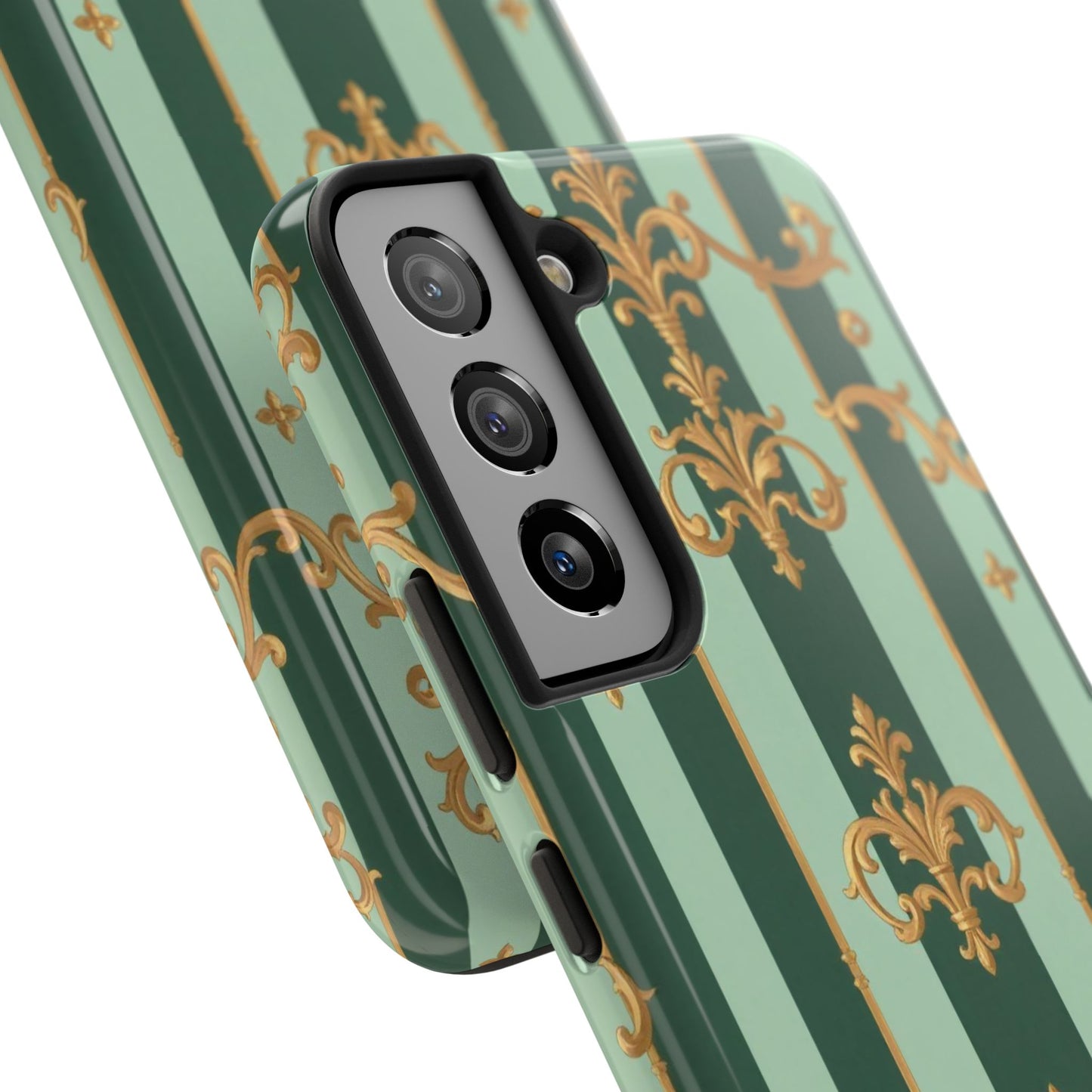 Elegant Floral Tough Phone Cases | Stylish Phone Protection, Gift for Her, Trendy Accessory, Unique Decor - Mint Green & Teal Striped Gold Baroque