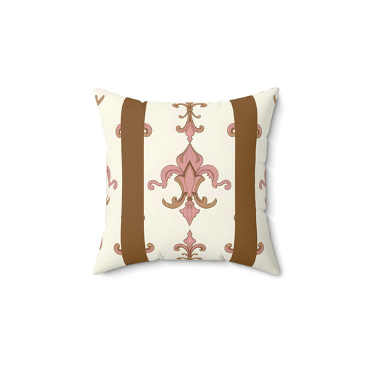 Elegant Faux Suede Square Pillow, Home Decor, Throw Pillow, Accent Pillow for Living Room, Bedroom - Brown Striped Pink Arabesque