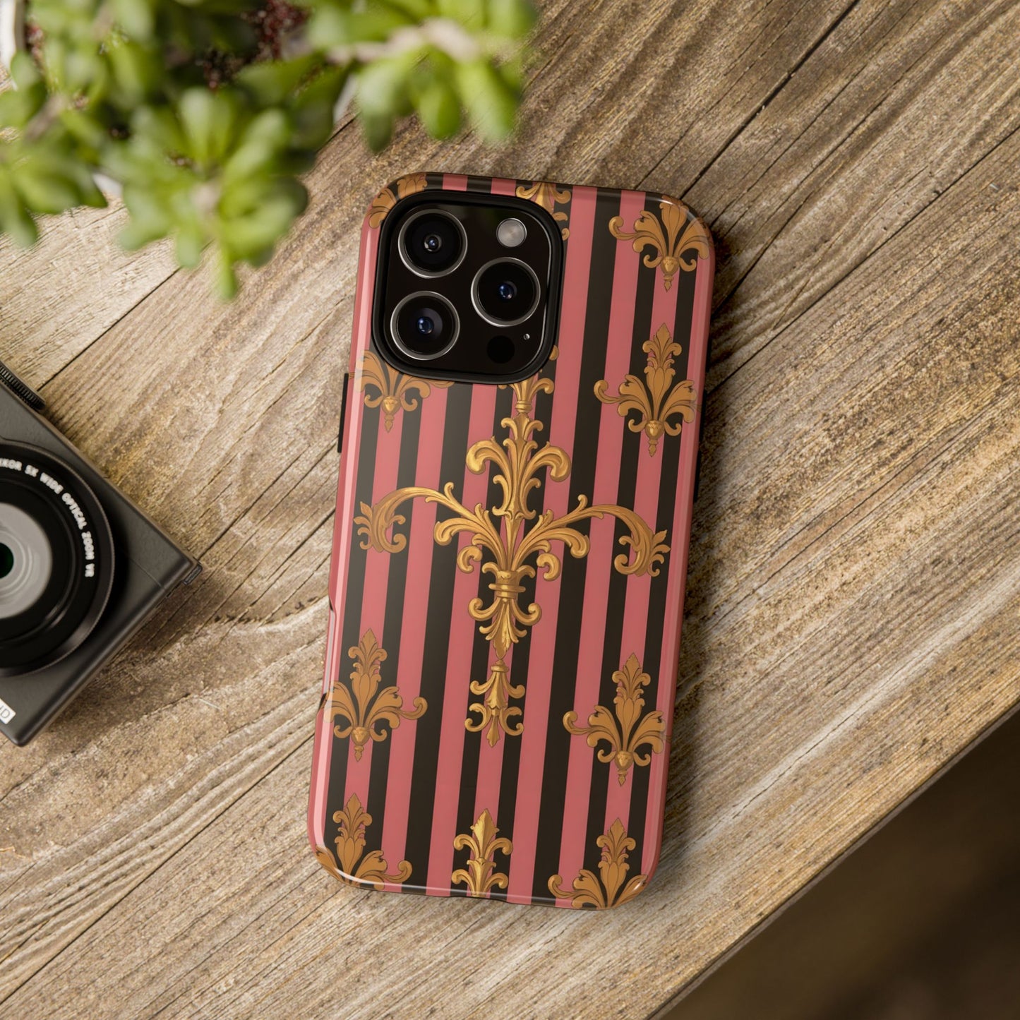 Elegant Floral Motif Phone Case - Tough Cases with Vintage Design - Mauve Striped Gold Damask