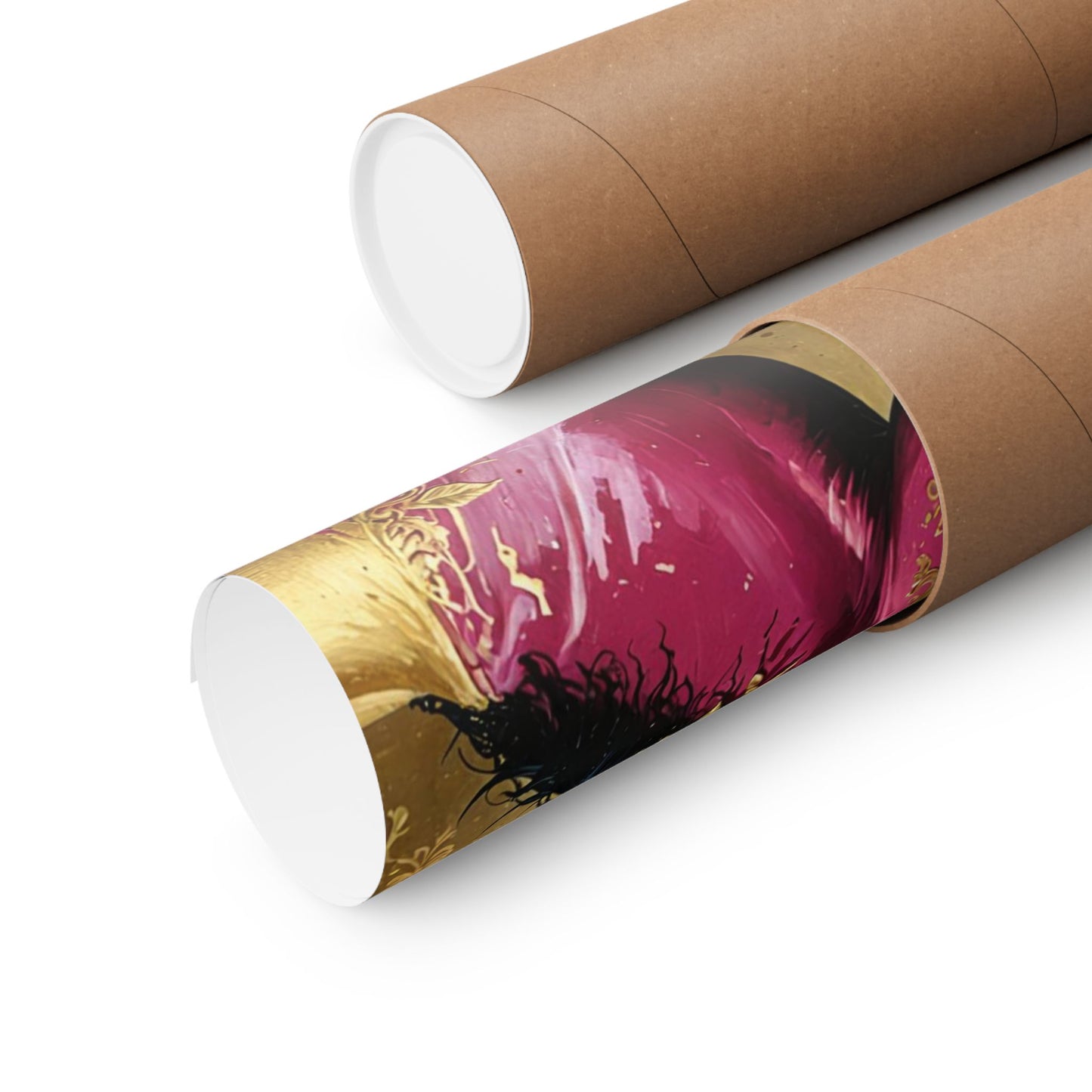 Floral Motif Art Poster - Elegant Matte Vertical Wall Decor - Magenta Horse In Gold Damask With Roses