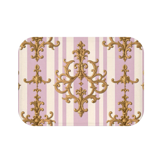 Elegant Vintage Striped Bath Mat, Floral Bathroom Decor, Luxe Home Accessory, Gift for Her - Lilac & Alabaster Striped Gold Baroque