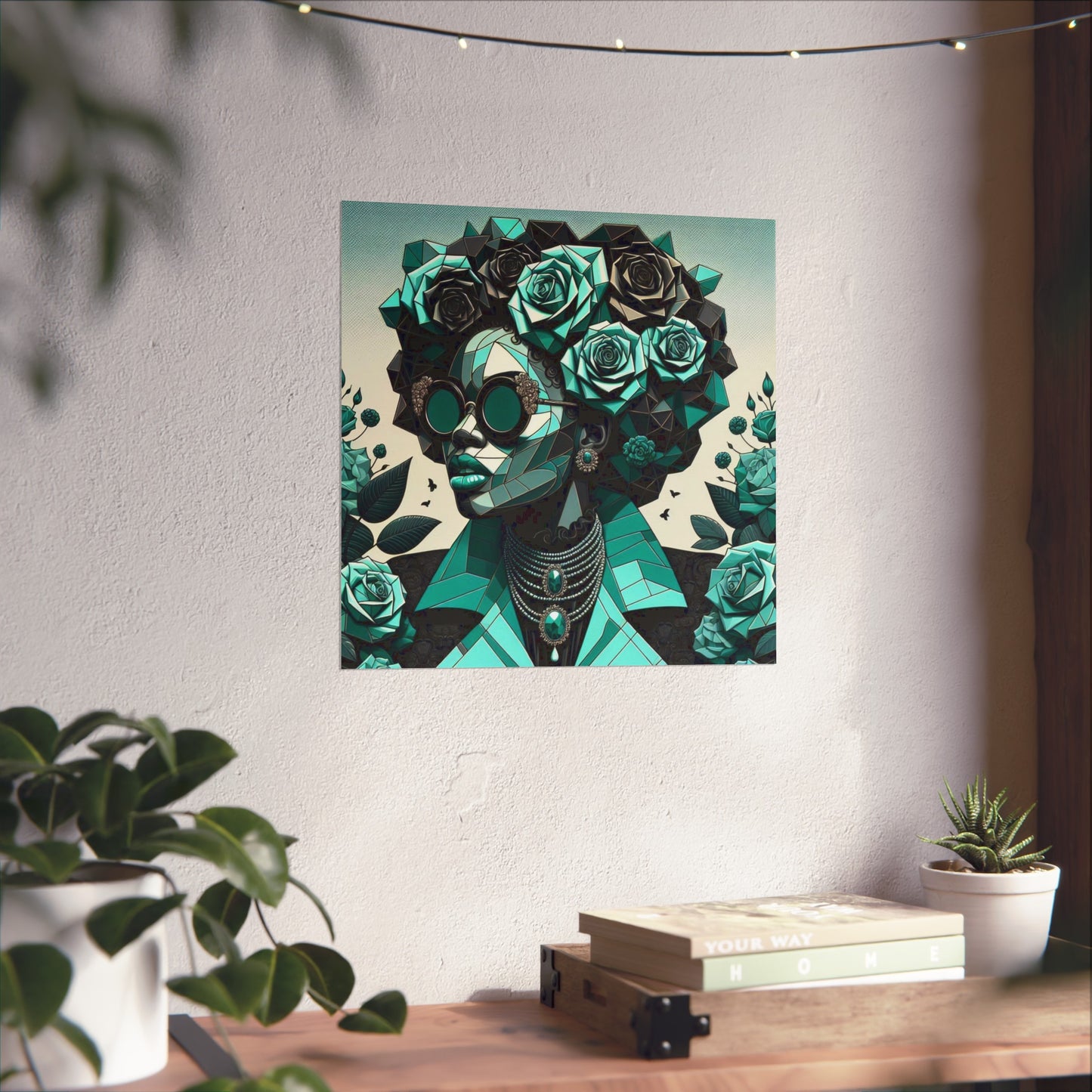 Chic Floral Fine Art Poster | Modern Wall Decor, Home Aesthetic, Gift for Art Lovers, Unique Room Makeover - Turquoise & Black Roses Lady