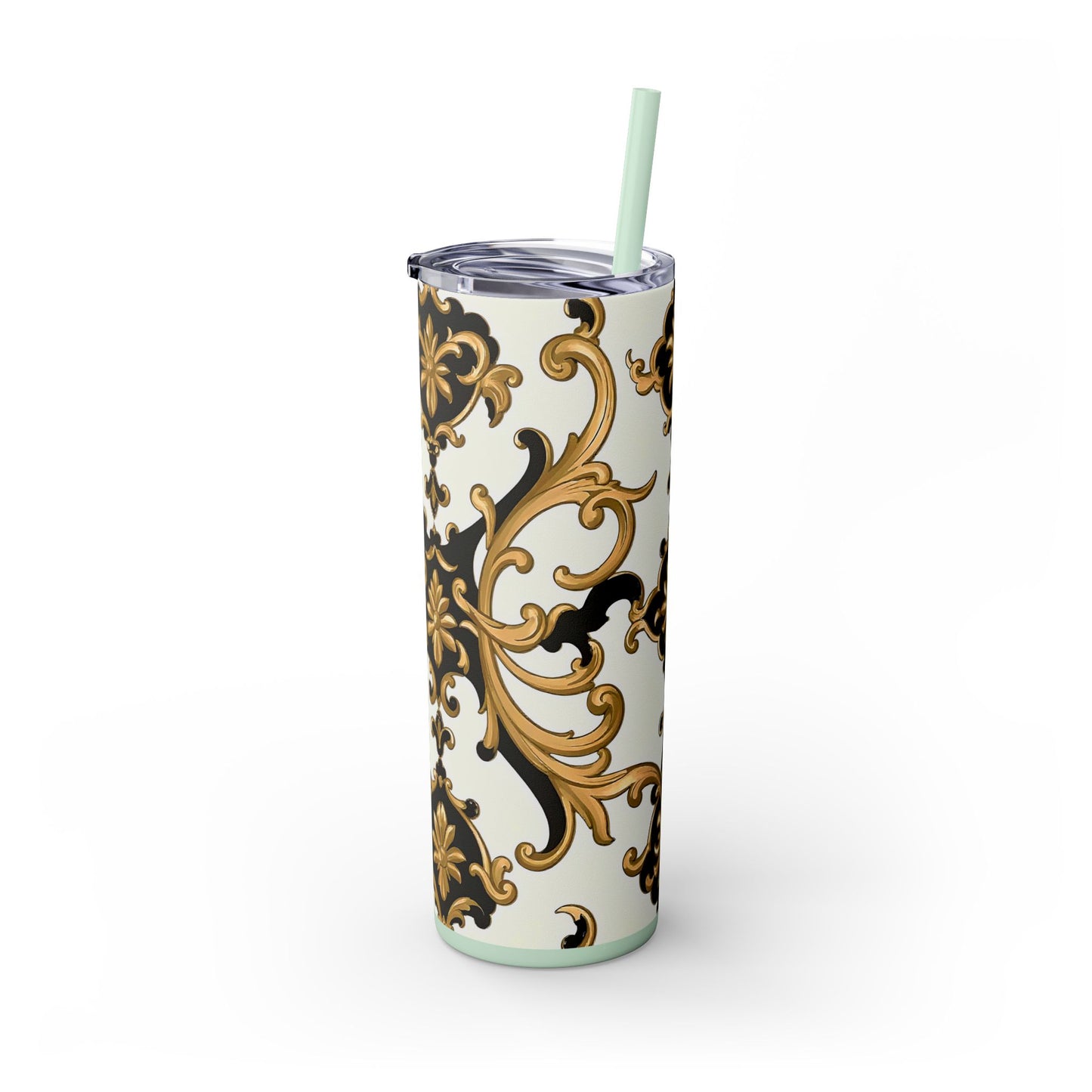 Elegant Gold Floral Skinny Tumbler, 20oz | Insulated Cup for Hot & Cold Drinks, Travel Mug, Gift for Mom, Stylish Drinkware - Black & Gold Rococo