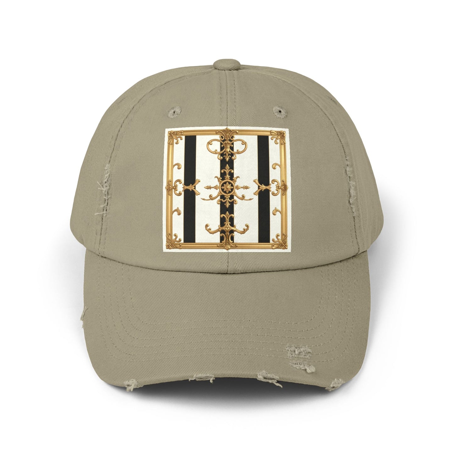 Stylish Distressed Cap with Unique Gold Design, Trendy Hat, Casual Wear, Gift for Him/Her - Black & White Striped Gold Baroque