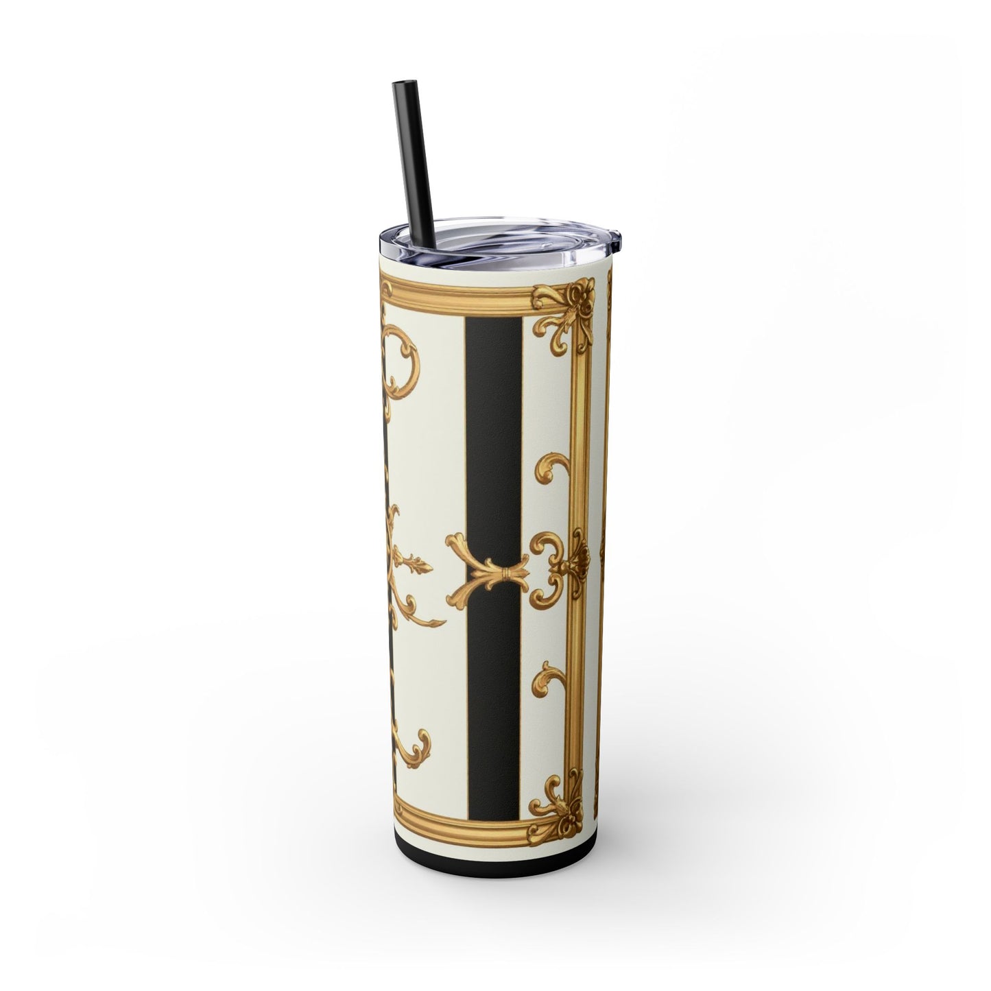 Elegant Gold Accents Skinny Tumbler, 20oz - Stylish Drinkware for Weddings, Parties, Gifts, or Everyday Use - Black & White Striped Gold Baroque