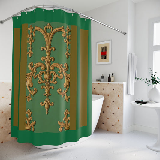 Elegant Vintage Floral Shower Curtain, Luxury Bathroom Décor, Boho Chic Home Décor - Olive Green Striped Rococo