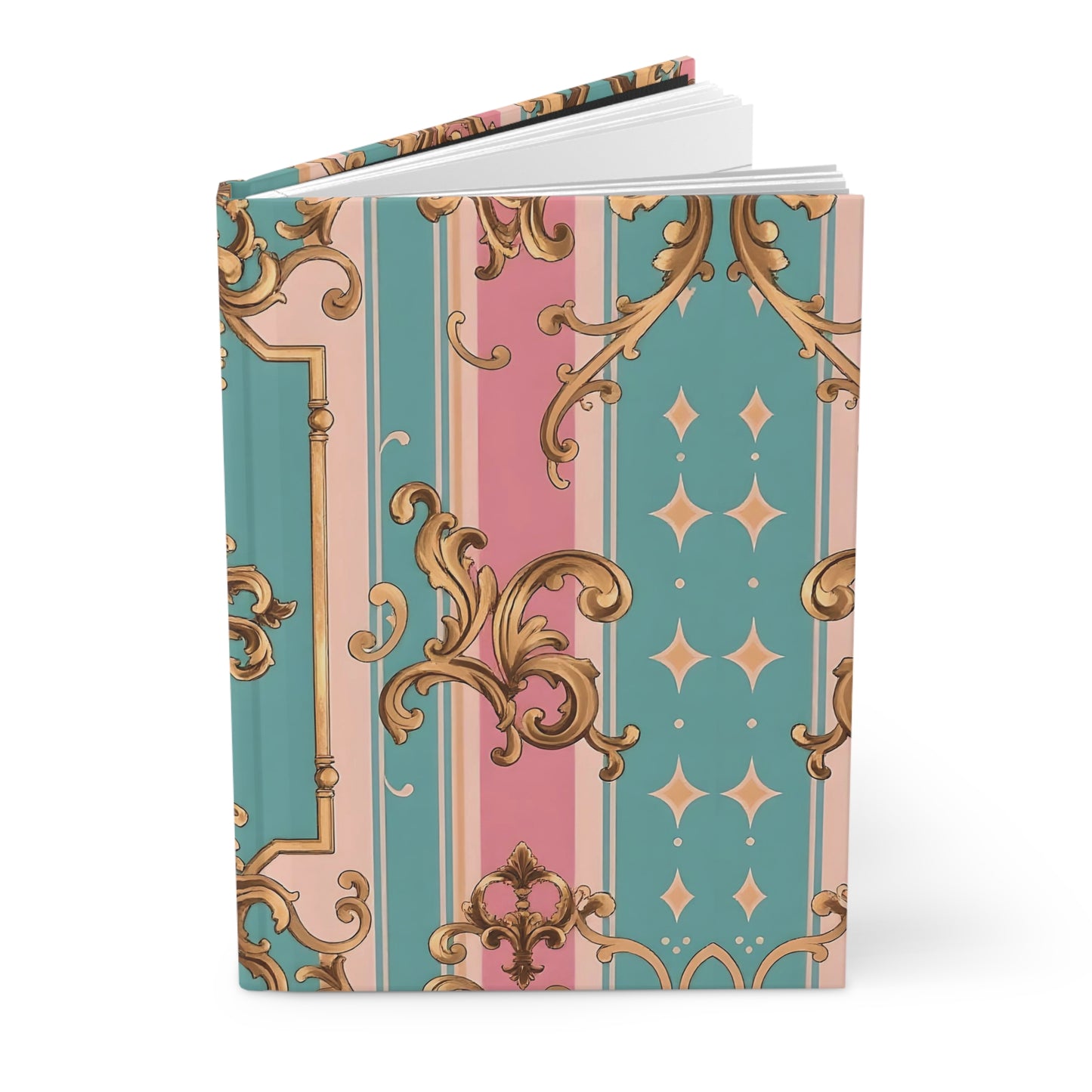 Elegant Vintage Hardcover Journal, Stylish Notebook, Luxe Writing Journal, Gift for Writers - Pink & Matte Turquoise Striped Rococo
