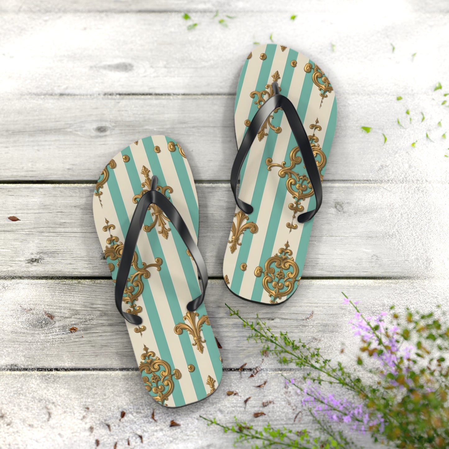 Chic Floral Flip Flops - Summer Sandals, Beach Footwear, Vacation Ready, Boho Style, Gift for Her - Matte Green Striped Rococo
