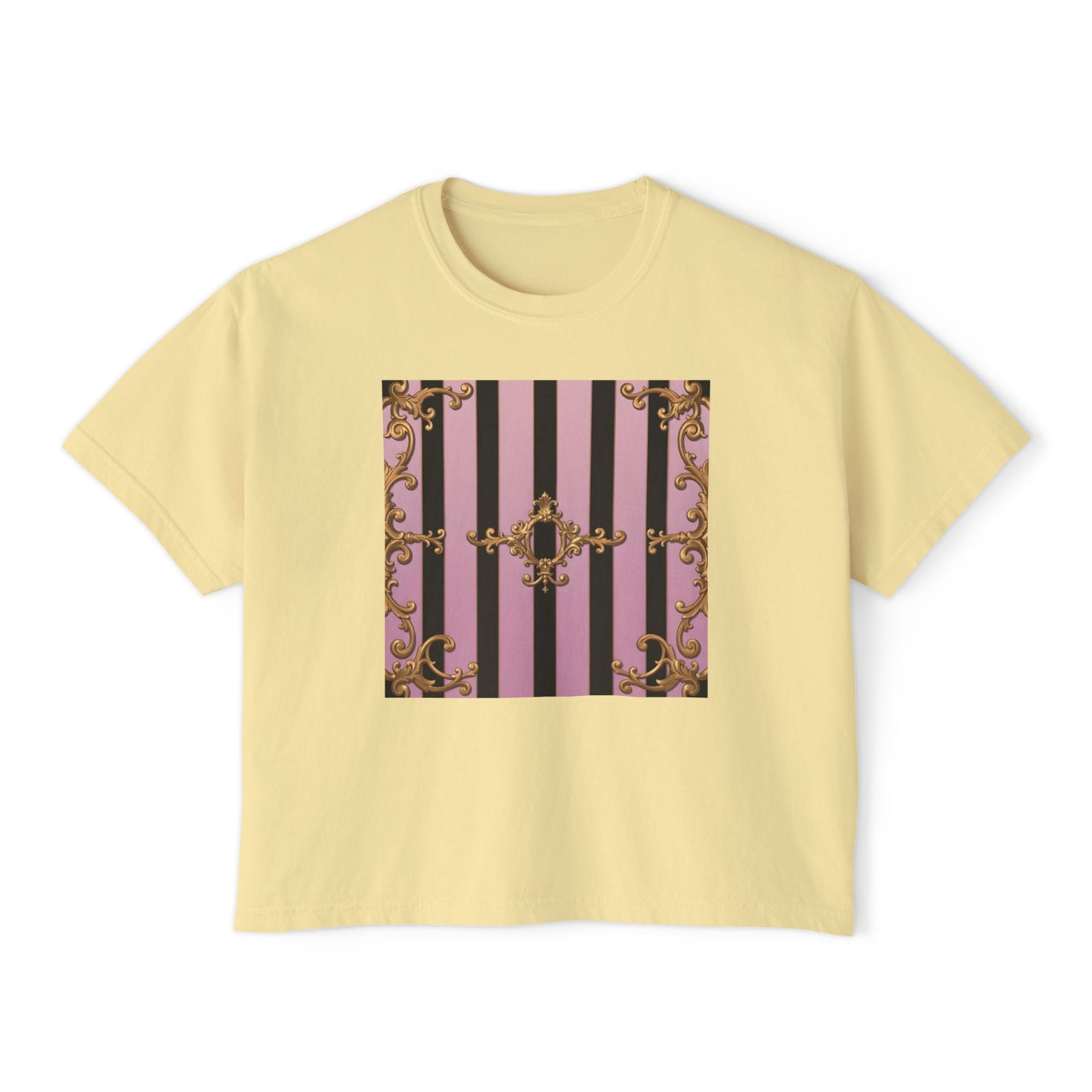 Chic Women's Boxy Tee, Vintage Striped Top, Trendy Short Sleeve Shirt, Casual Fashion T-Shirt - Matte Lavender & Black Striped Gold Baroque