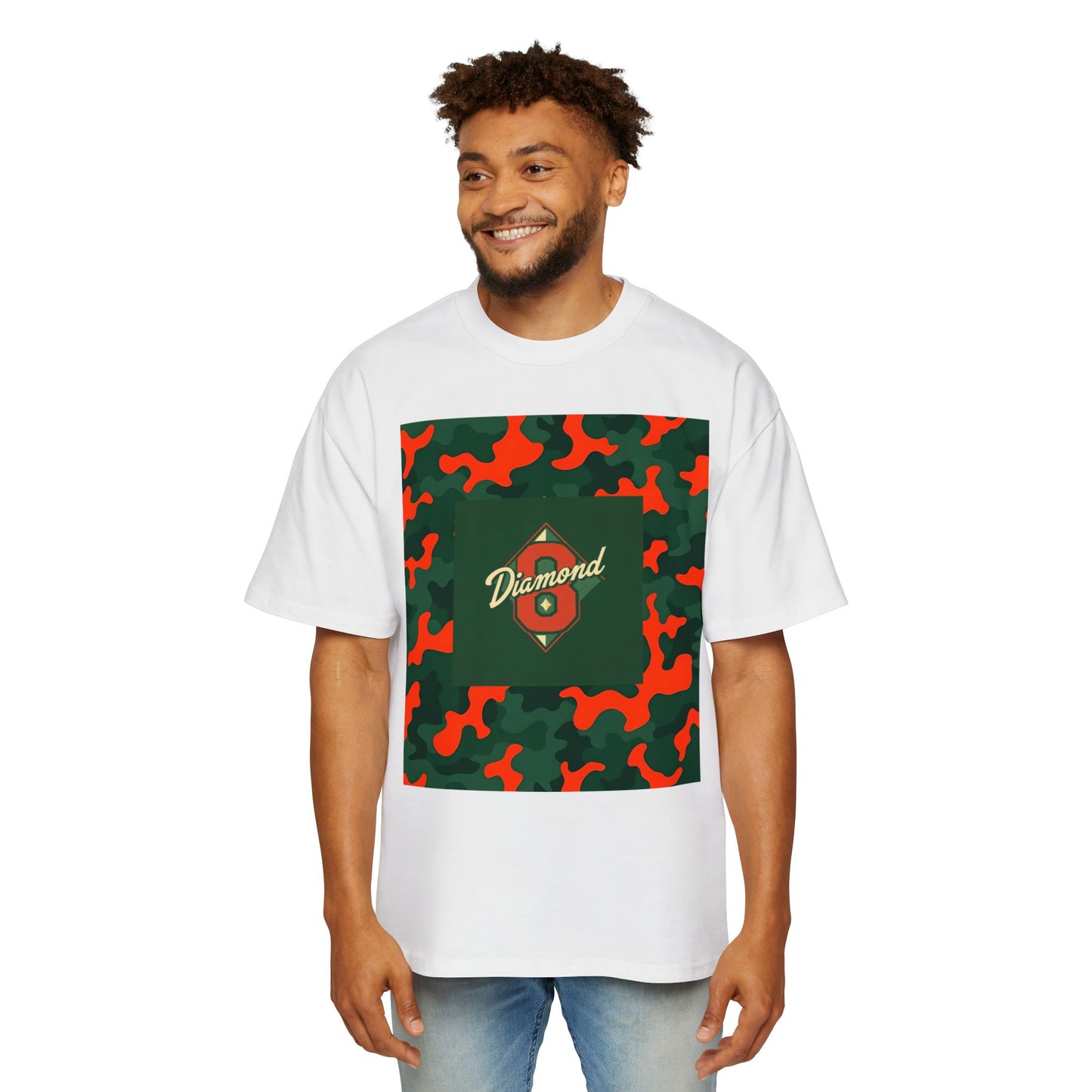 Men's Heavy Oversized Camouflage Tee, Casual Streetwear Shirt, Graphic T-Shirt, Comfortable Everyday Wear, Gift for Him - Green & Orange Camo Diamond 8
