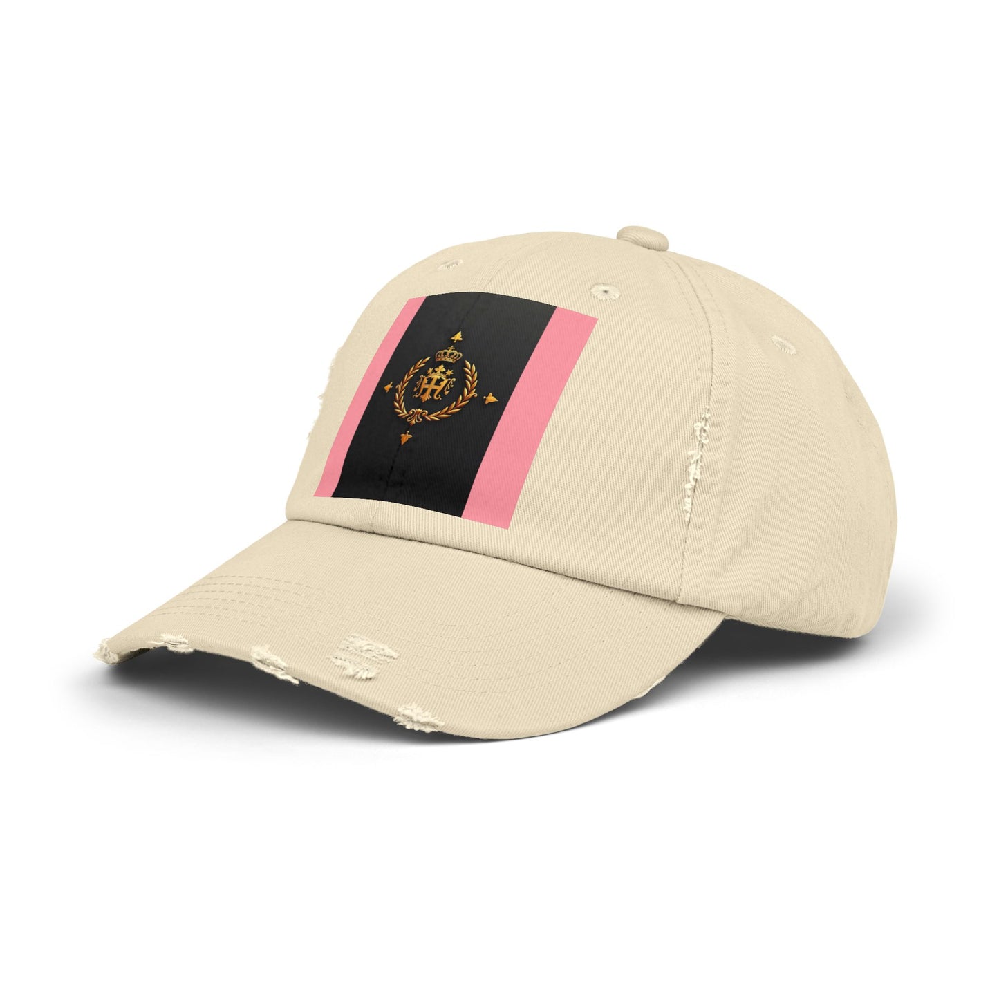 Stylish Unisex Distressed Cap with Trendy Design, Casual Accessories for Everyday Wear, Fashion Statement Cap - Pink Striped Gold Crest