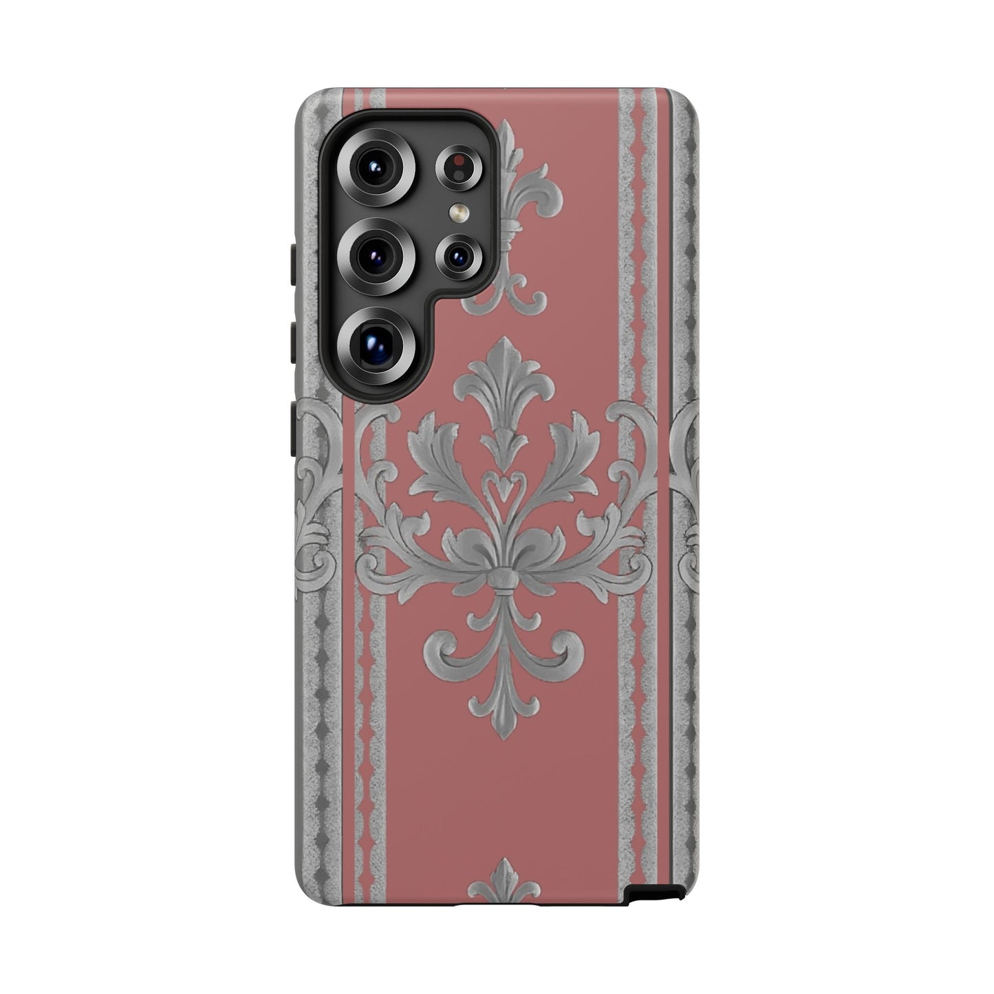Elegant Floral Phone Case - Tough Cases for Stylish Protection - Gray & Mauve Striped Baroque