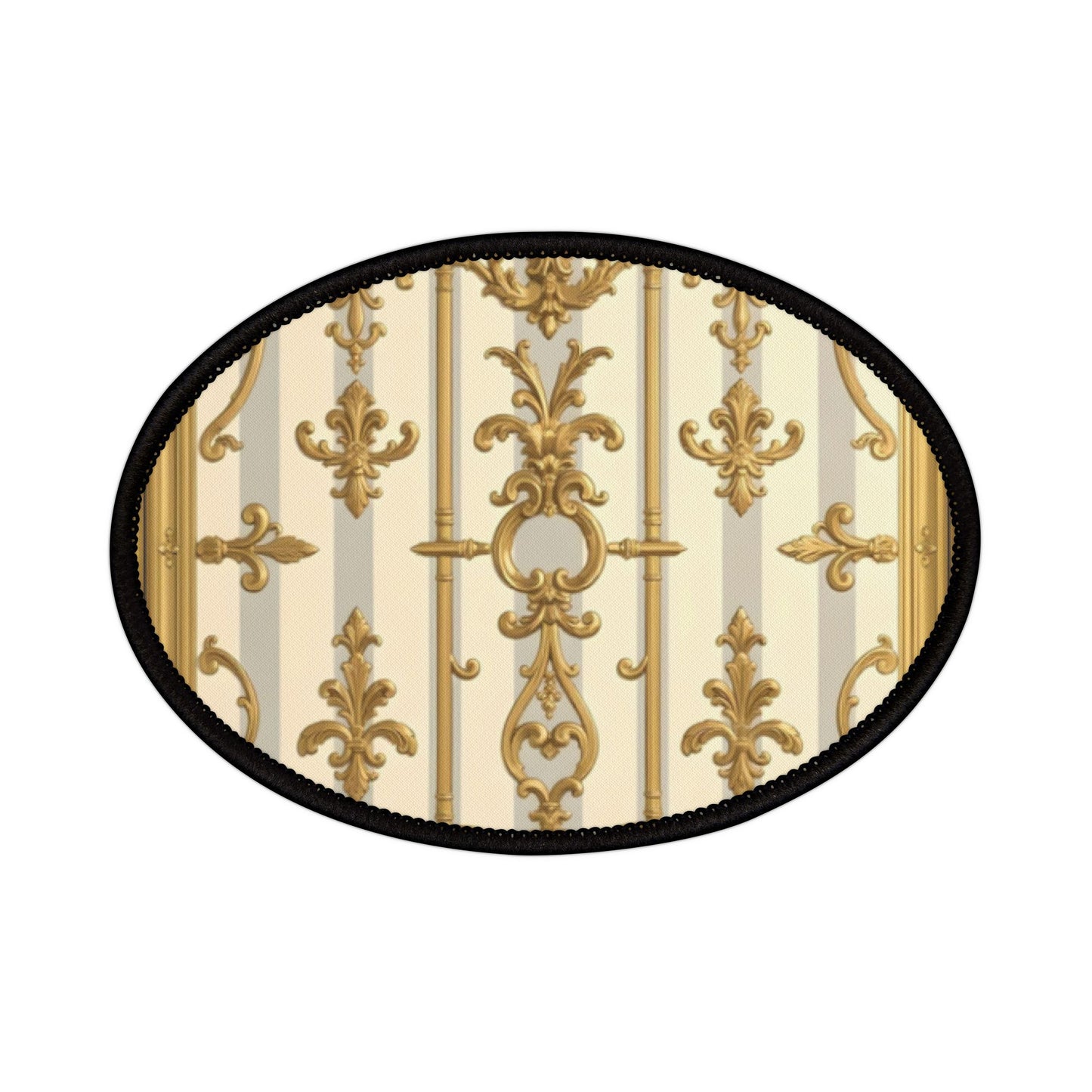 Vintage Chic Iron-On Patches, Customizable Fashion Accessories, Embellishments for Jackets, Bags - Matte Gray & Cream Striped Gold Baroque
