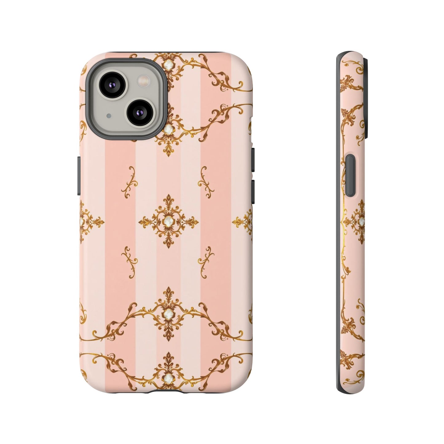 Elegant Floral Phone Case, Tough Cases for Women, Trendy Phone Cover, Chic Gift - Pink Jeweled Striped Gold Baroque