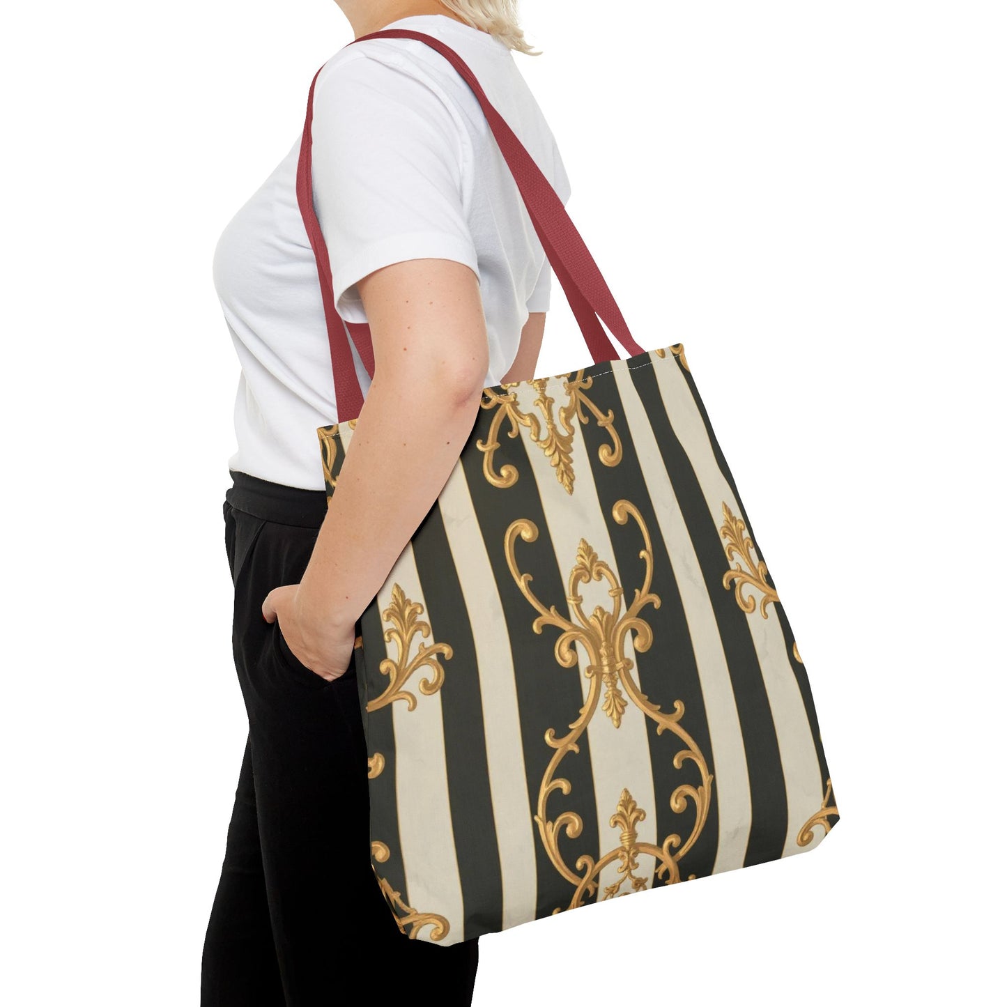 Elegant Black & Alabaster Striped Baroque Tote Bag, Stylish Shopping Bag, Fashion Accessory, Gift for Her, Reusable Bag, Perfect for Events