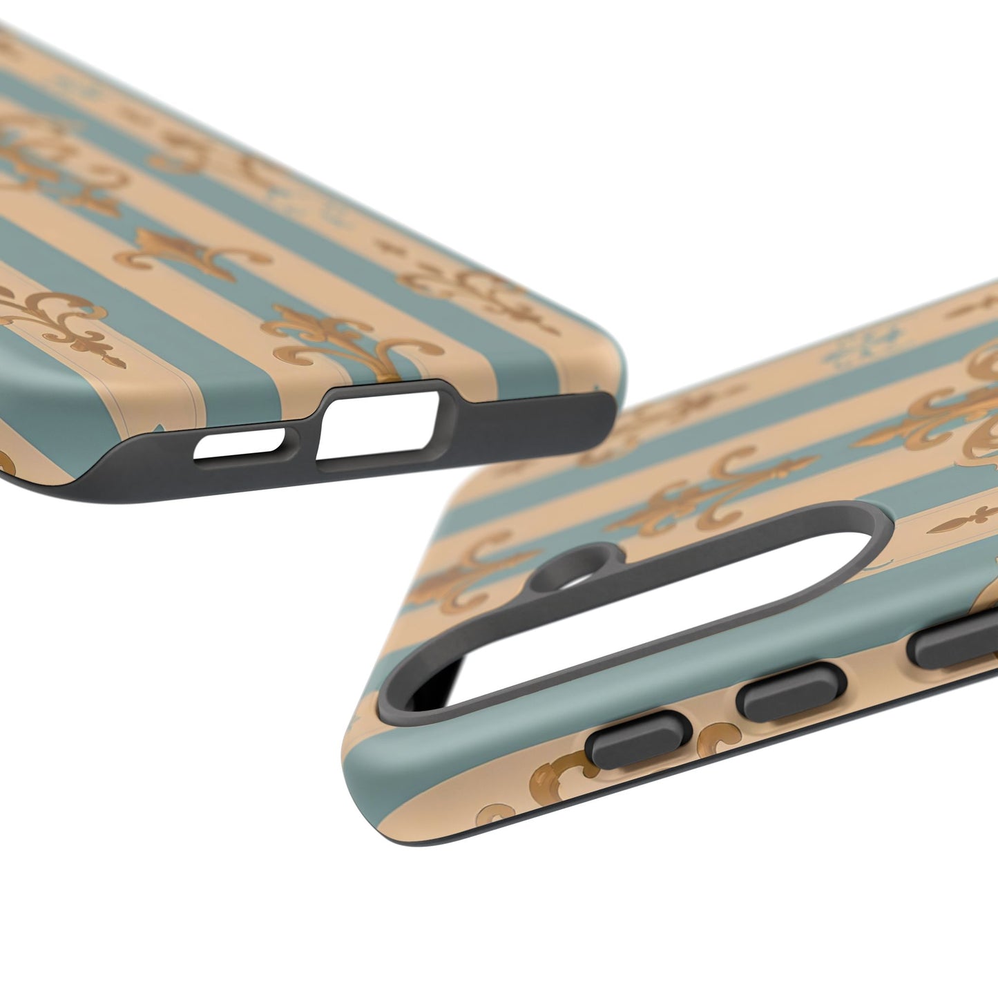 Elegant Floral Motif Phone Case - Tough Cases with Vintage Design -  Beige & Sky Blue Striped Gold Damask
