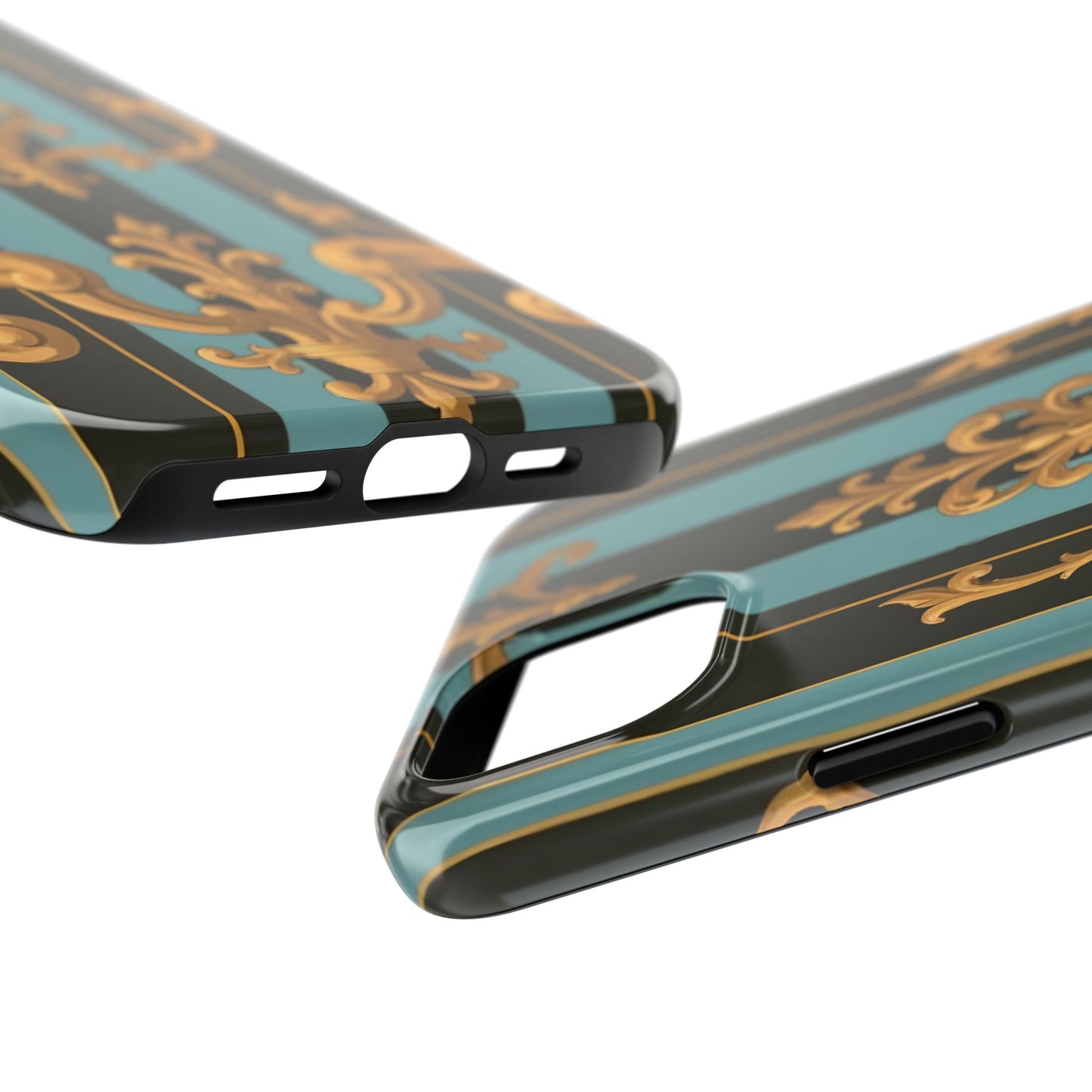 Elegant Baroque Tough Phone Case, Stylish Phone Cover, Durable iPhone Case, Unique Gift - Black & Turquoise Striped Baroque