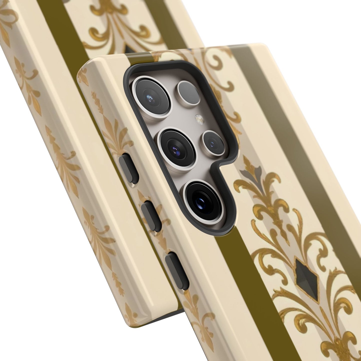 Elegant Floral Motif Phone Case - Tough Cases with Vintage Design - Olive Striped Gold Damask