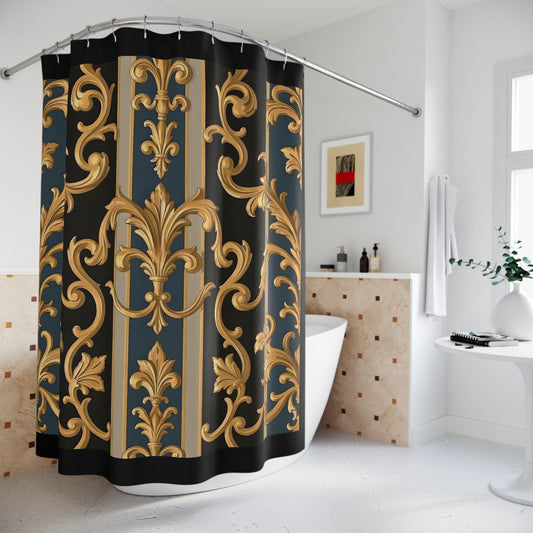 Luxurious Floral Shower Curtain | Elegant Bathroom Decor | Vintage Style | Gift for Home | Housewarming | Wedding | Blue & Black Striped Rococo