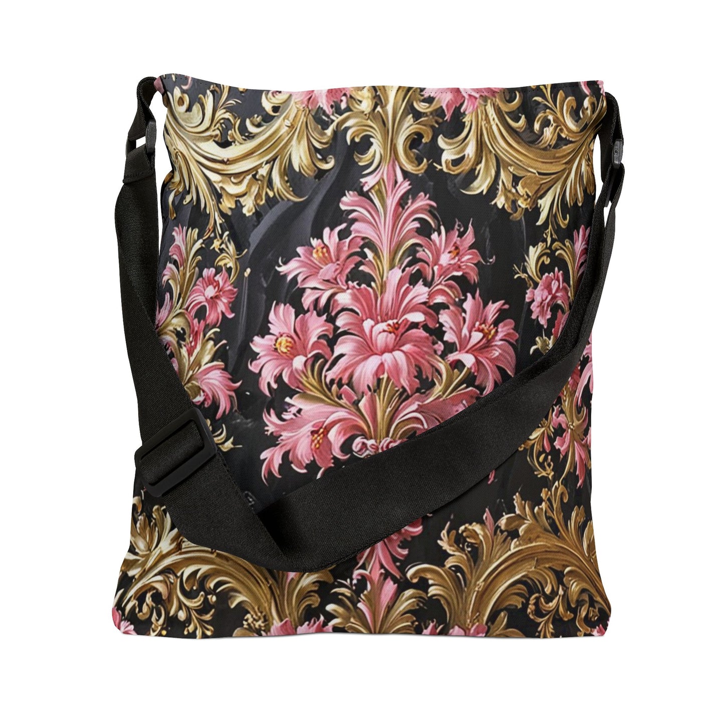 Elegant Floral Adjustable Tote Bag, Stylish Purse, Travel Bag, Women's Handbag, Fashion Accessory - Black & Pink Oil Painting Style Rococo
