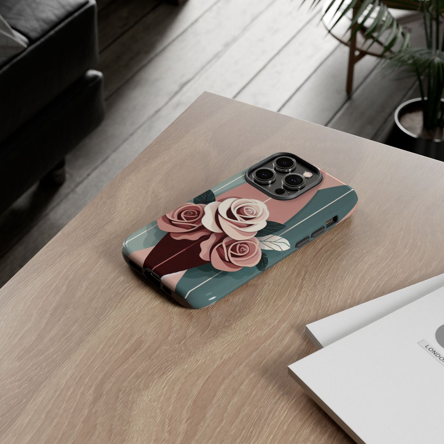 Phone Case - Burgundy, Matte Mauve & Teal Surfboard & Roses Design
