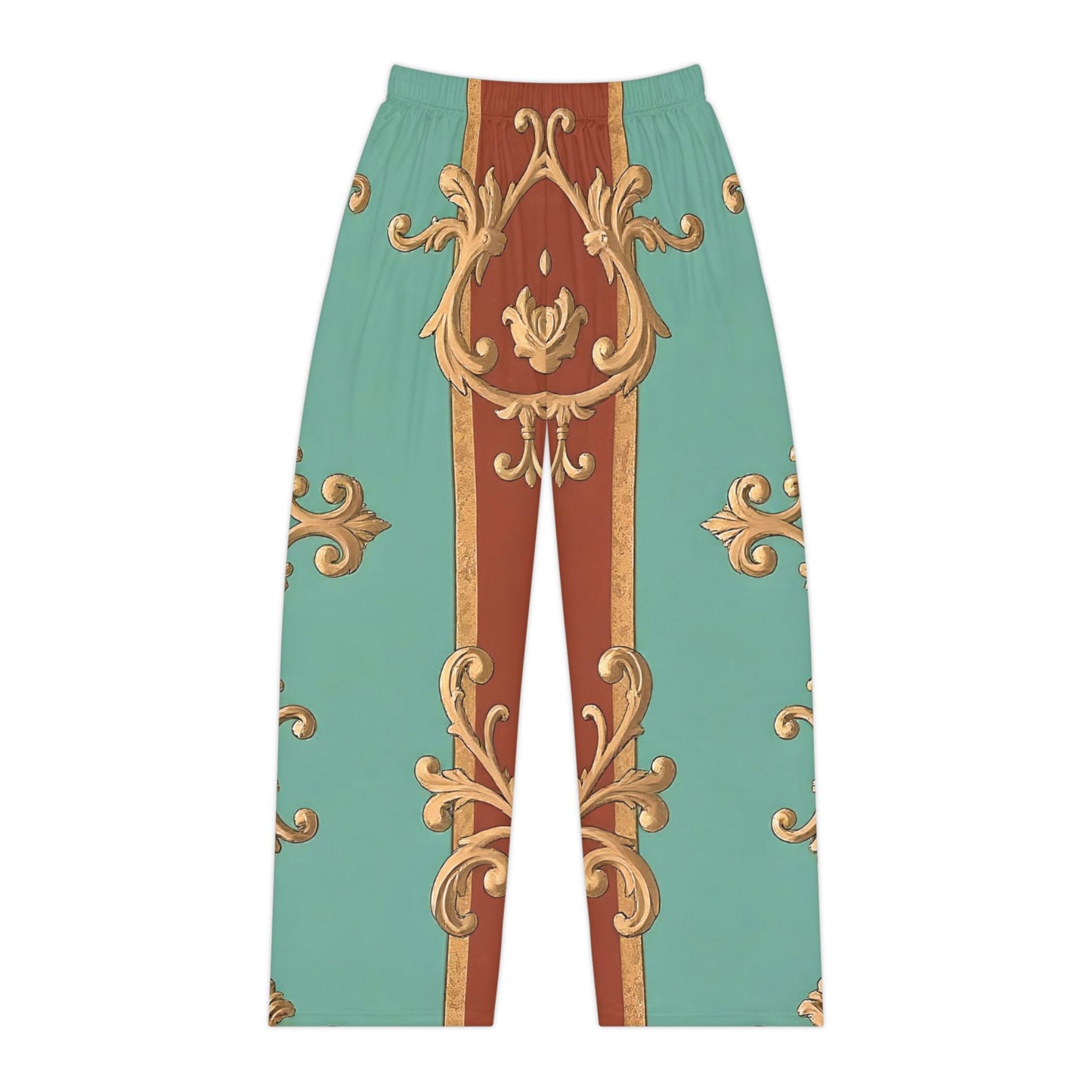Elegant Women’s Pajama Pants with Decorative Gold Pattern - Rust & Mint Aqua Striped Baroque