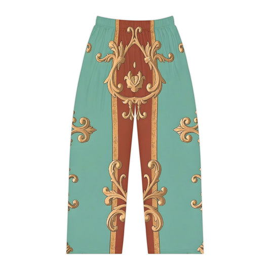 Elegant Women’s Pajama Pants with Decorative Gold Pattern - Rust & Mint Aqua Striped Baroque