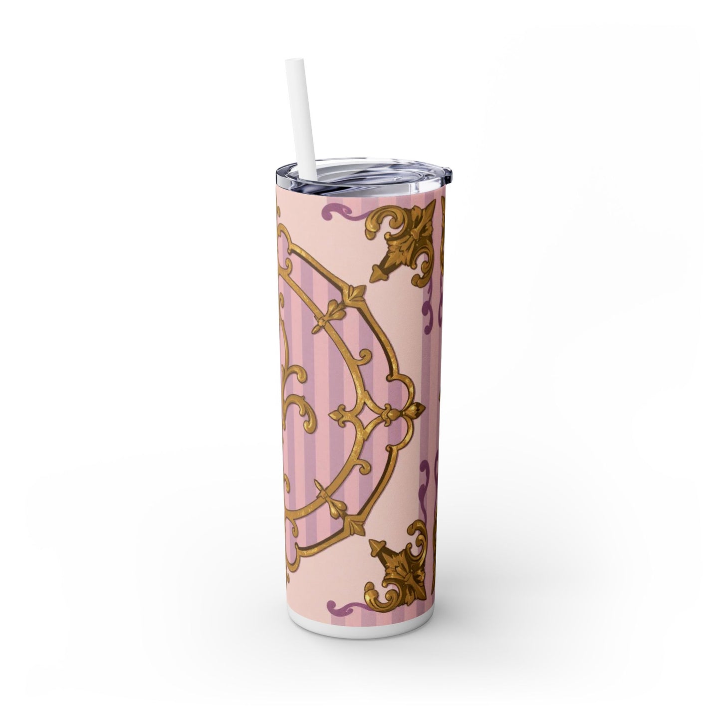Elegant Lavender & Alabaster Striped Gold Baroque Tumbler - Insulated 20oz Skinny Cup with Straw, Ideal for Gifts, Parties, and Daily Use