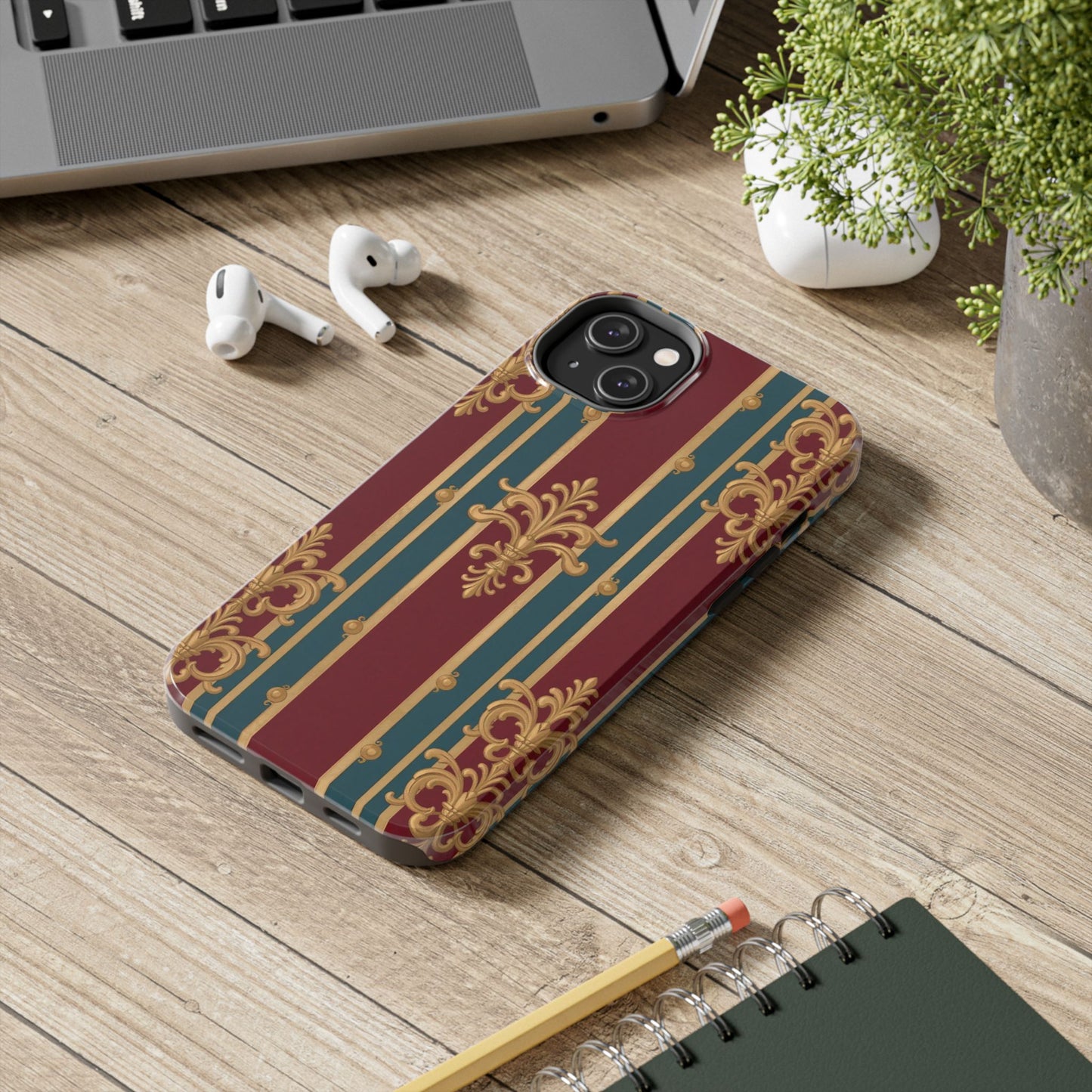 Elegant Vintage Tough Phone Case, Luxury Phone Protection, Stylish Phone Cover, Durable Phone Accessory - Burgundy Striped Gold Baroque