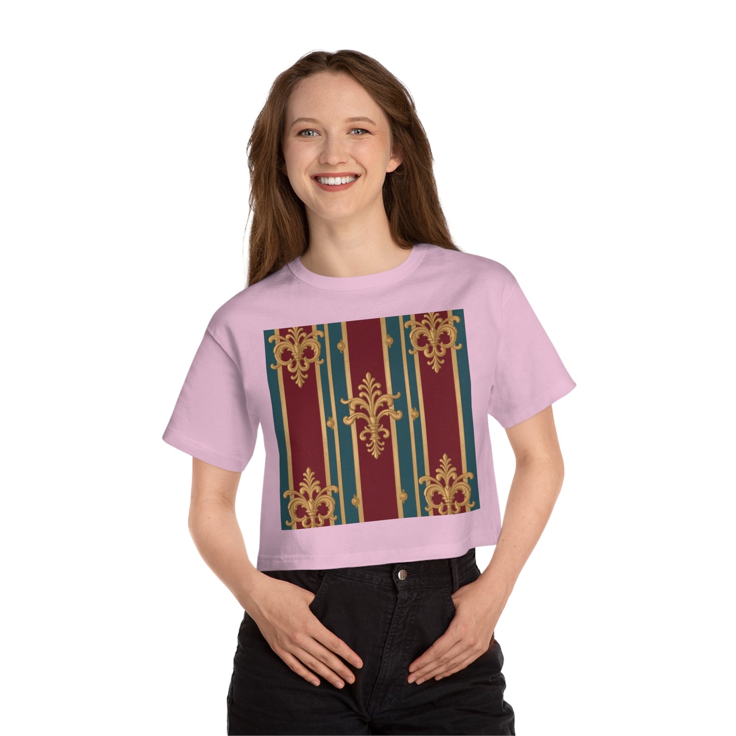 Cropped T-Shirt with Baroque Design | Trendy Women's Top | Perfect for Casual Wear, Festivals - Burgundy Striped Gold Baroque